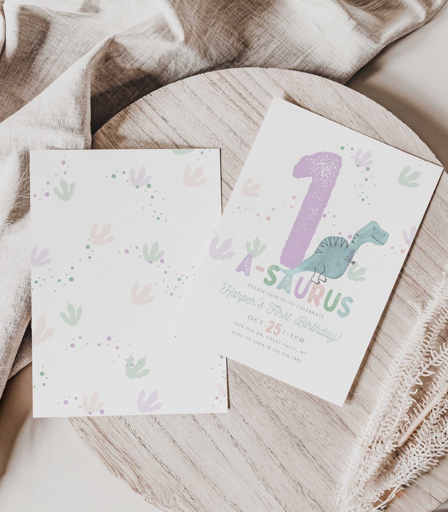Purple and teal One-a-saurus Dinosaur Birthday Invitation Girl - High Peaks Studios