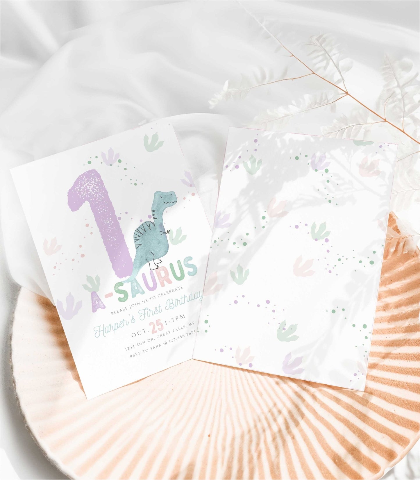 Purple and teal One-a-saurus Dinosaur Birthday Invitation Girl - High Peaks Studios