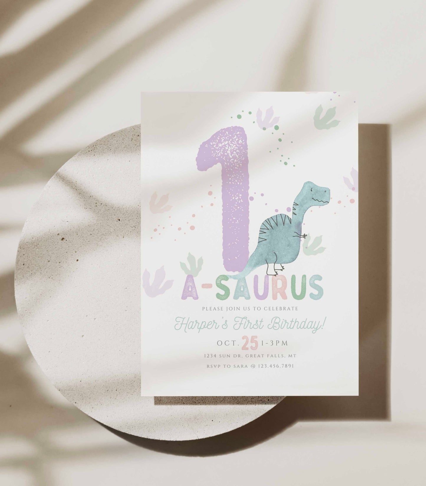 Purple and teal One-a-saurus Dinosaur Birthday Invitation Girl - High Peaks Studios