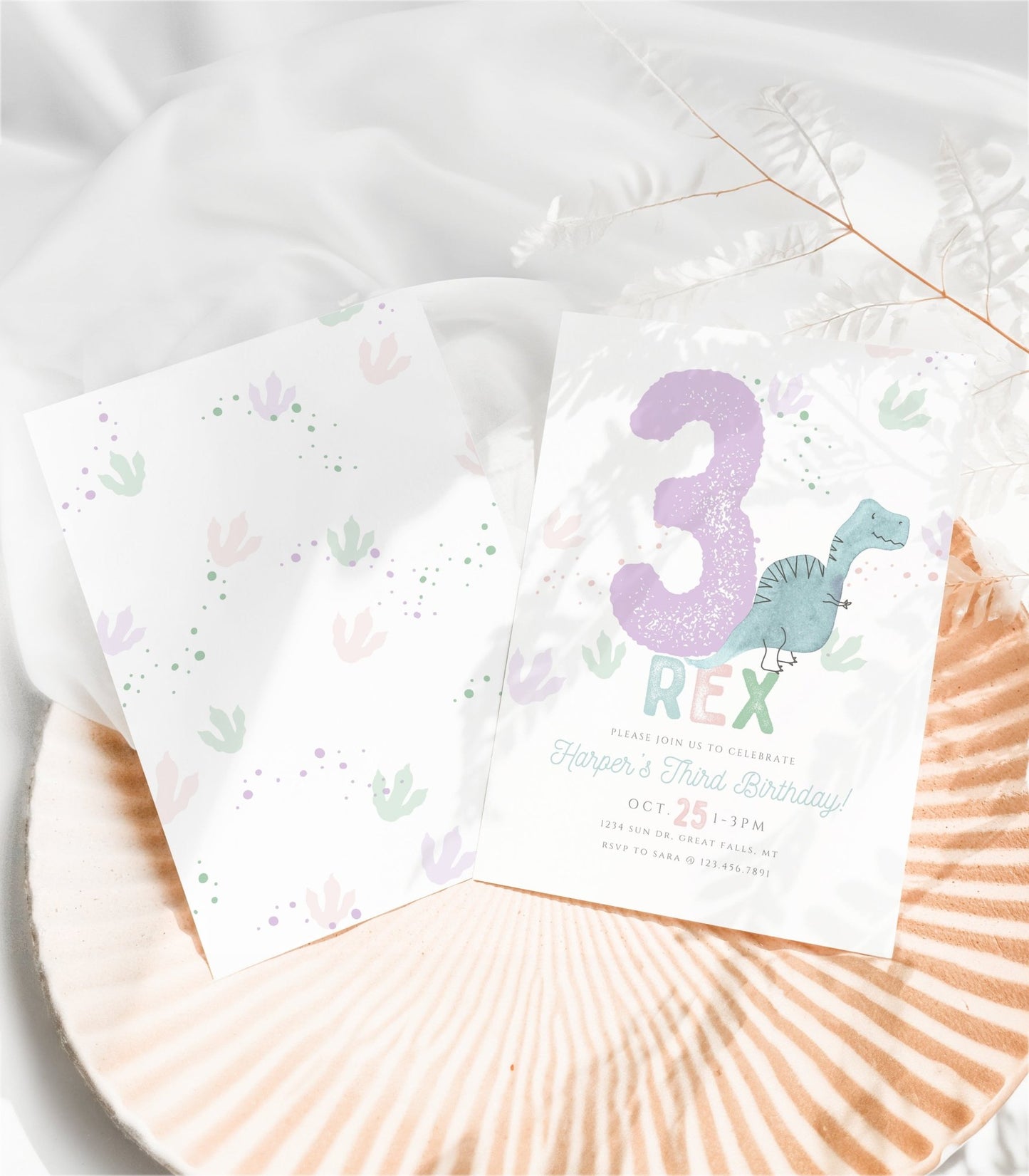 Purple Three Rex Birthday Invitation Girl Printable - High Peaks Studios