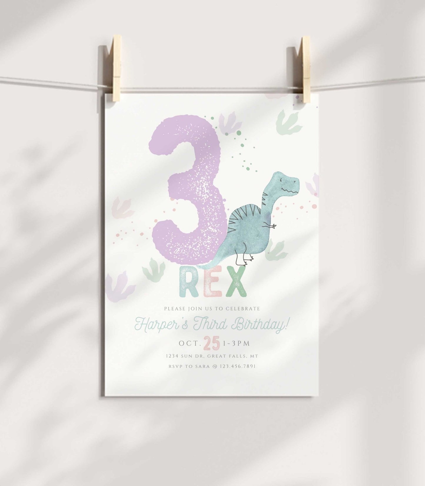 Purple Three Rex Birthday Invitation Girl Printable - High Peaks Studios