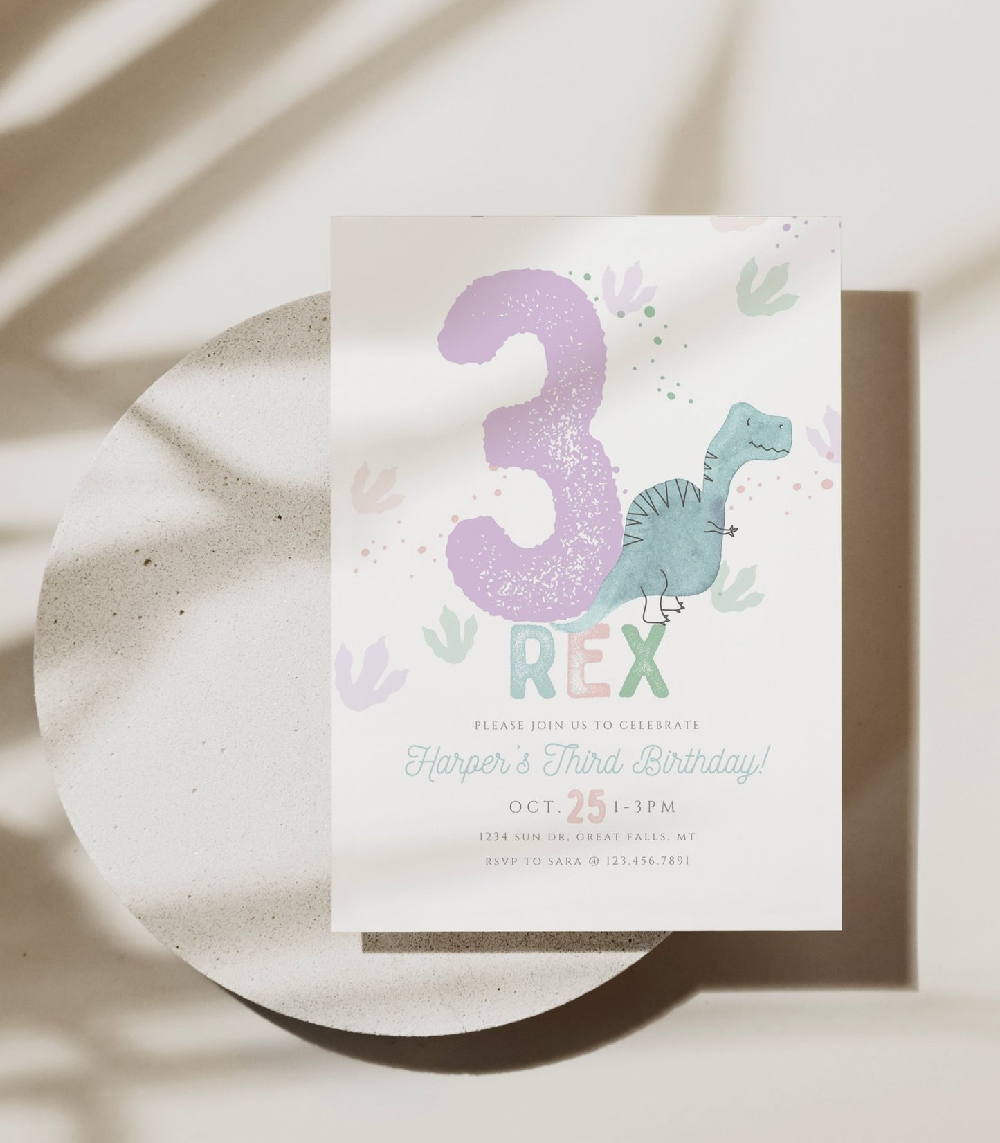 Purple Three Rex Birthday Invitation Girl Printable - High Peaks Studios