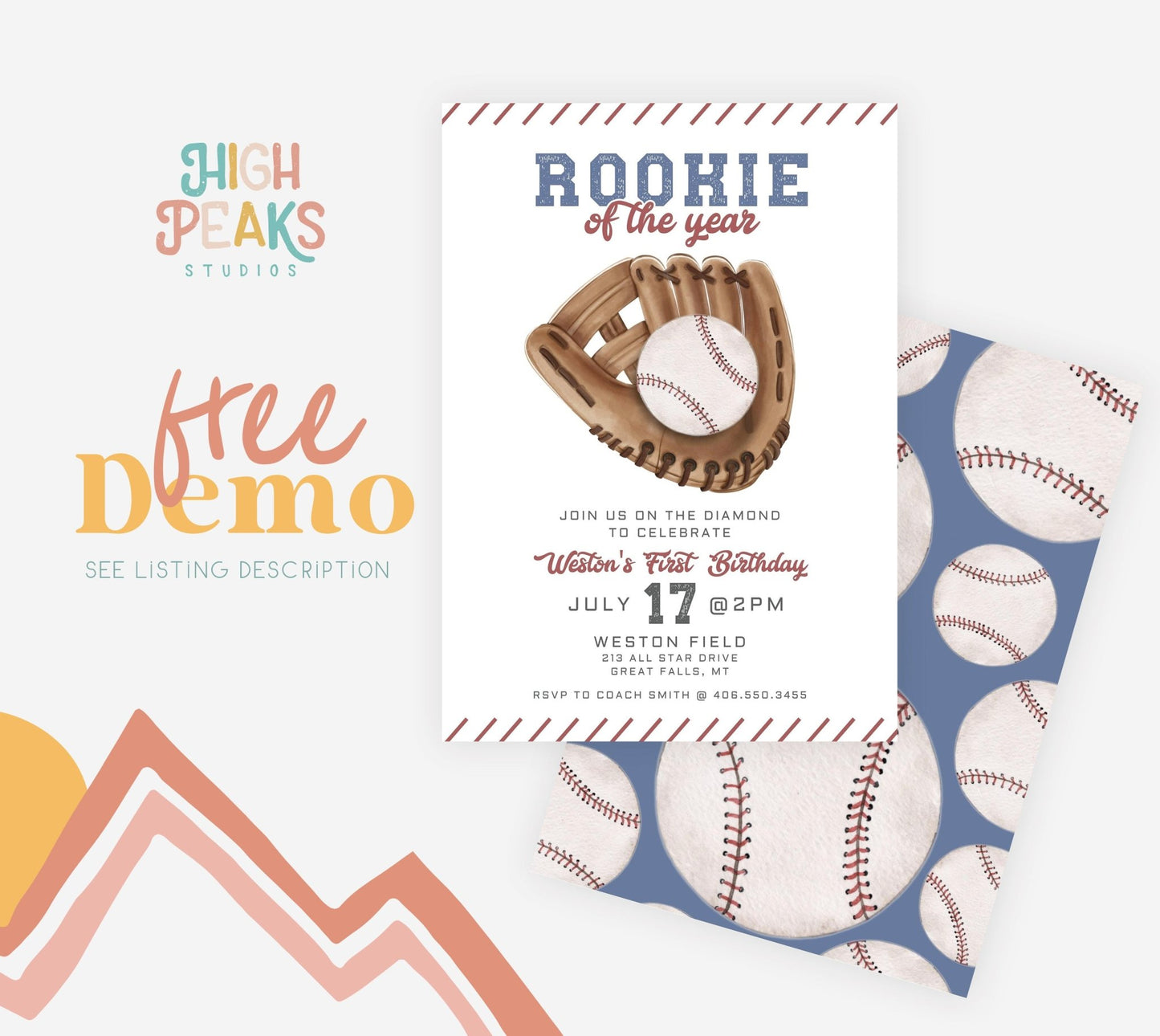 Rookie of the Year Baseball First Birthday Invitation Printable - High Peaks Studios