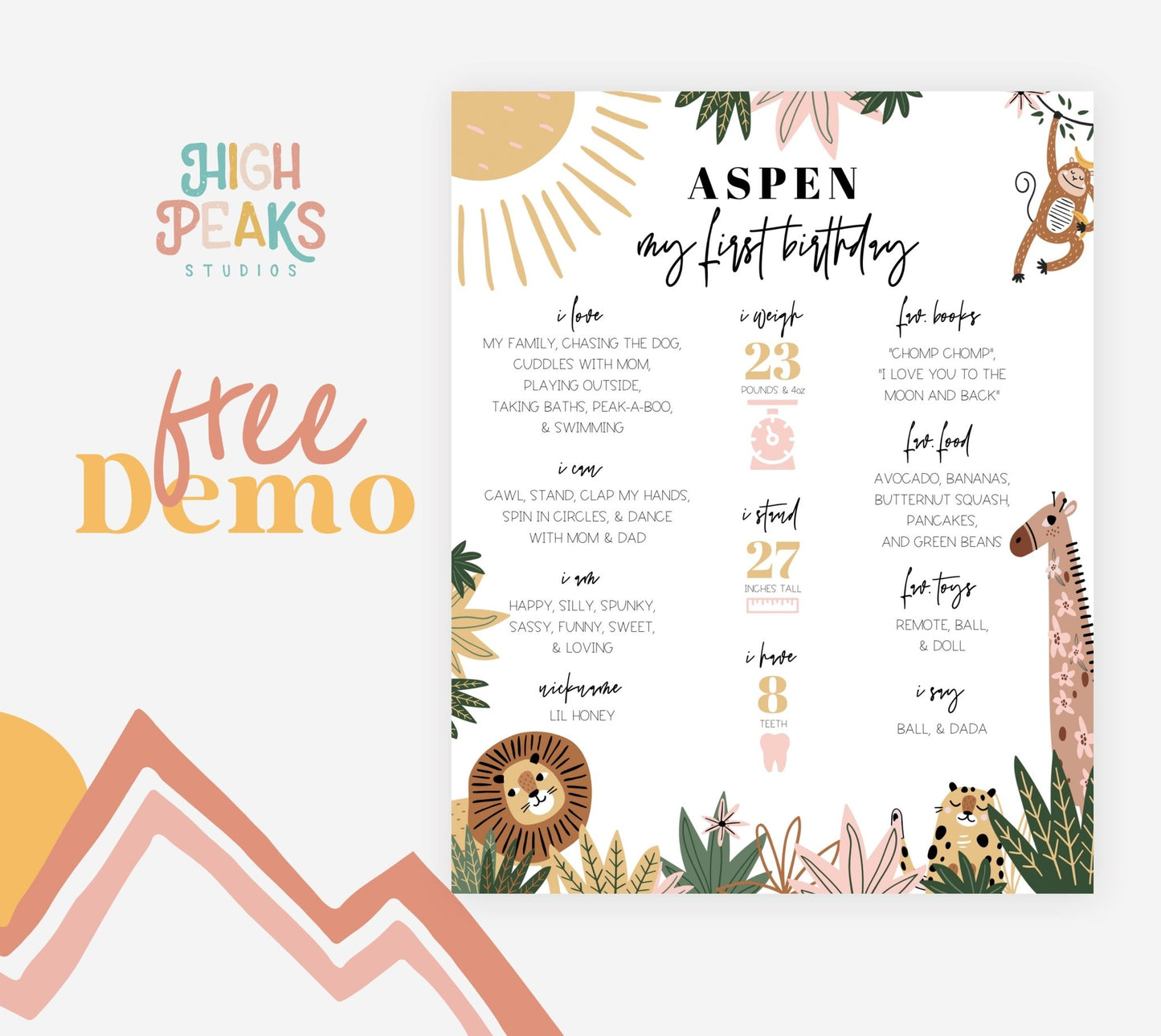 Safari Milestone First Year Poster Printable - High Peaks Studios