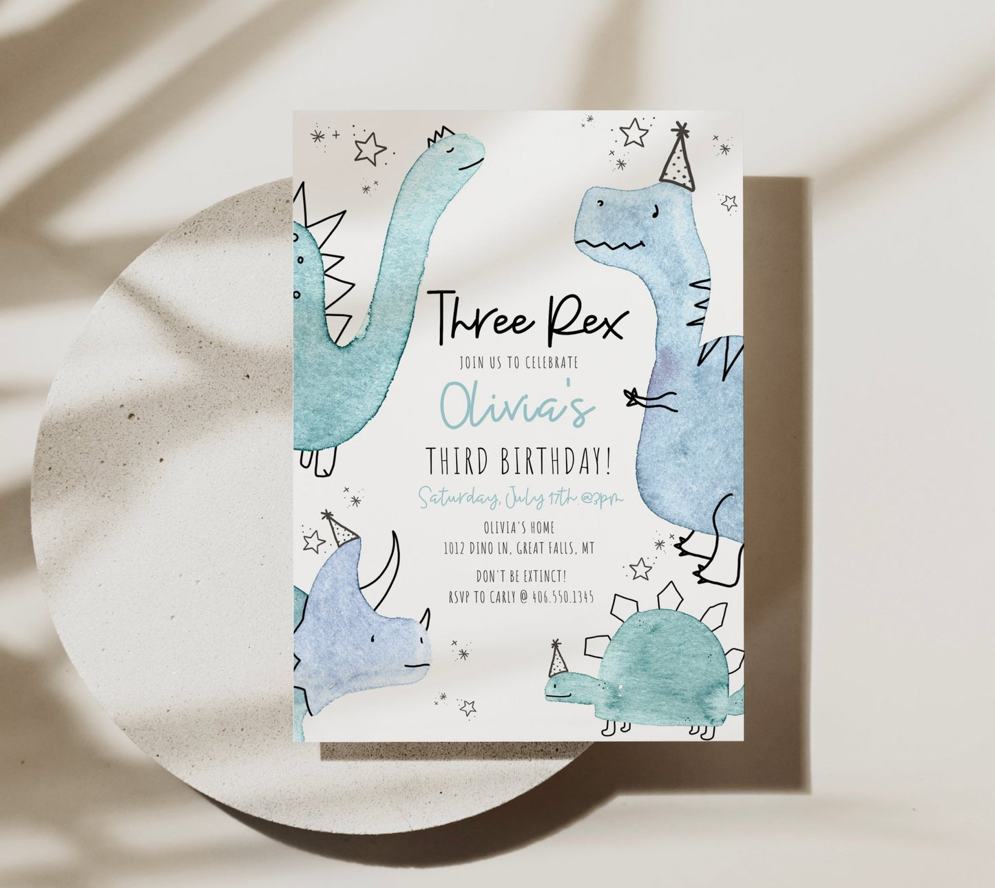 Three Rex Dinosaur Birthday Invitation - Blue & Teal - High Peaks Studios