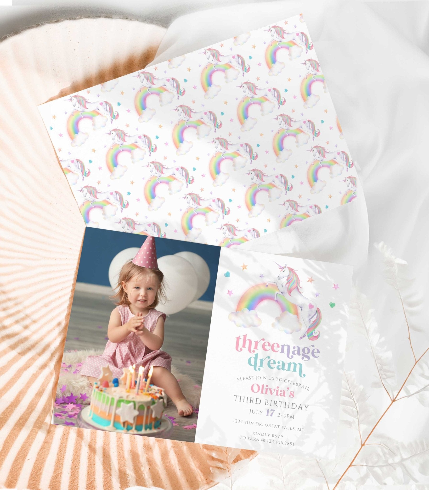 Threenage Dream Unicorn Birthday Invitation Photo Template - High Peaks Studios