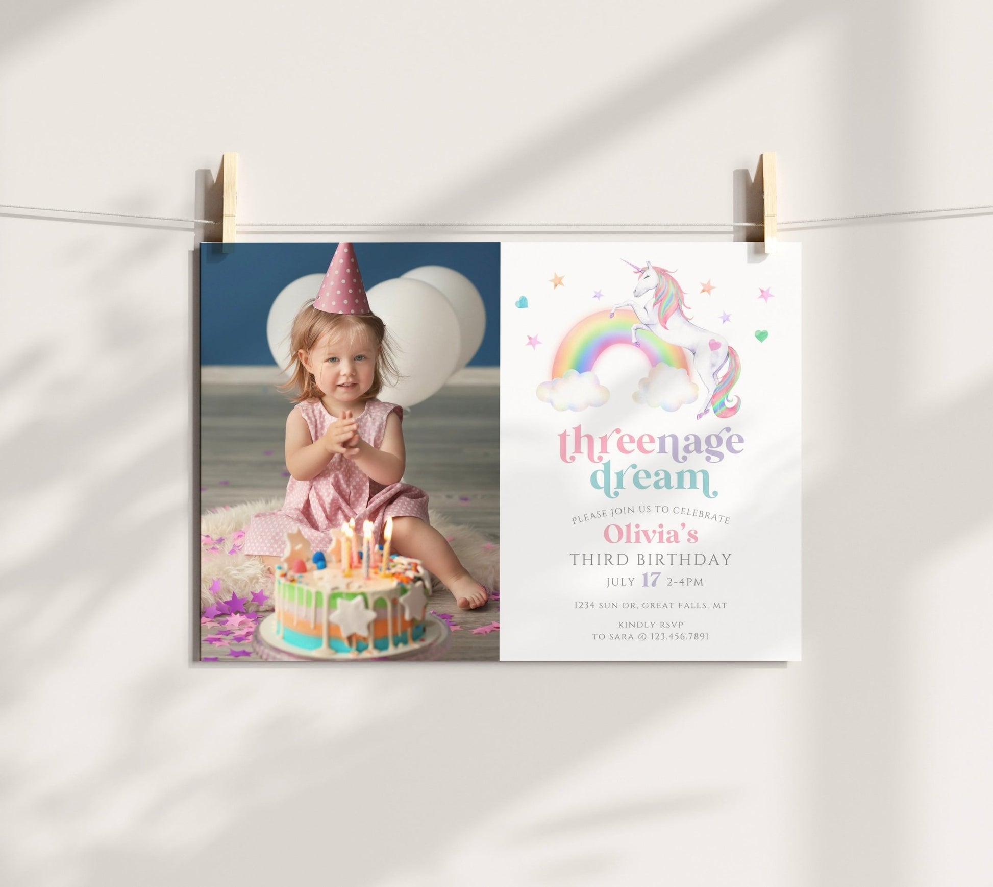 Threenage Dream Unicorn Birthday Invitation Photo Template - High Peaks Studios