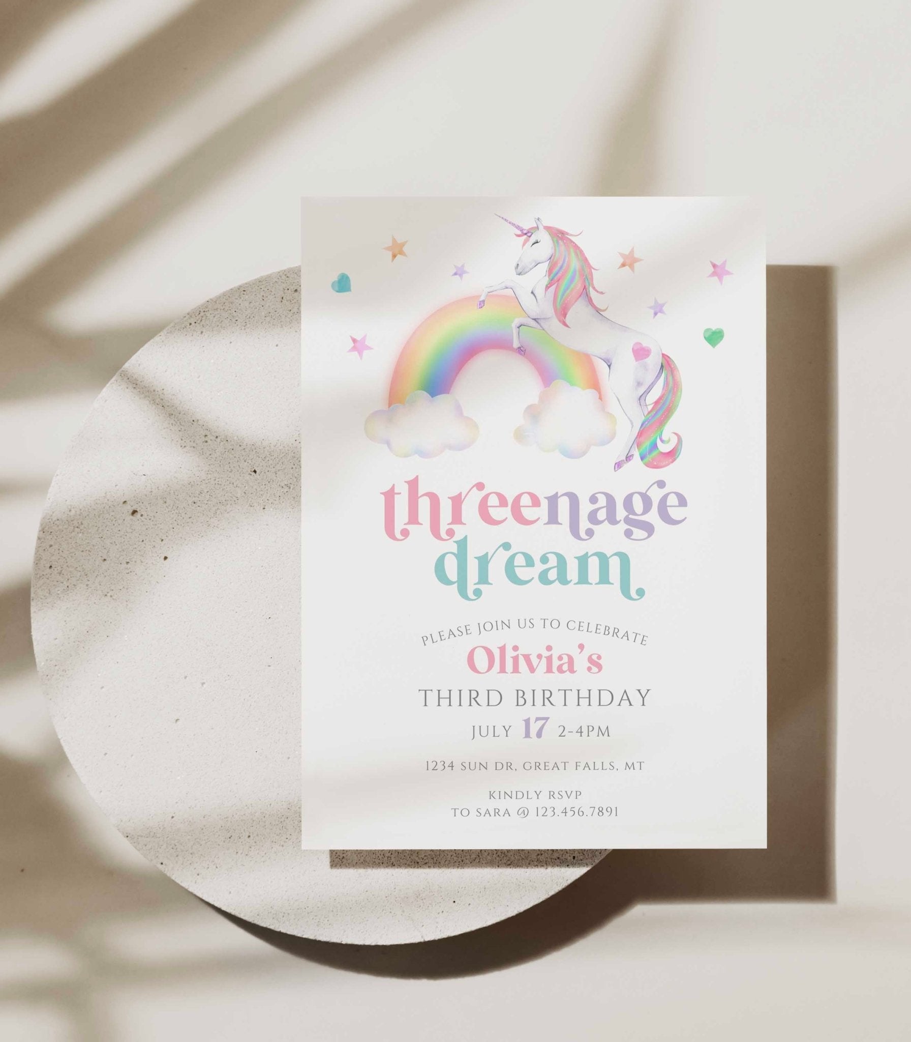 Threenage Dream Unicorn Birthday Invitation Template - High Peaks Studios