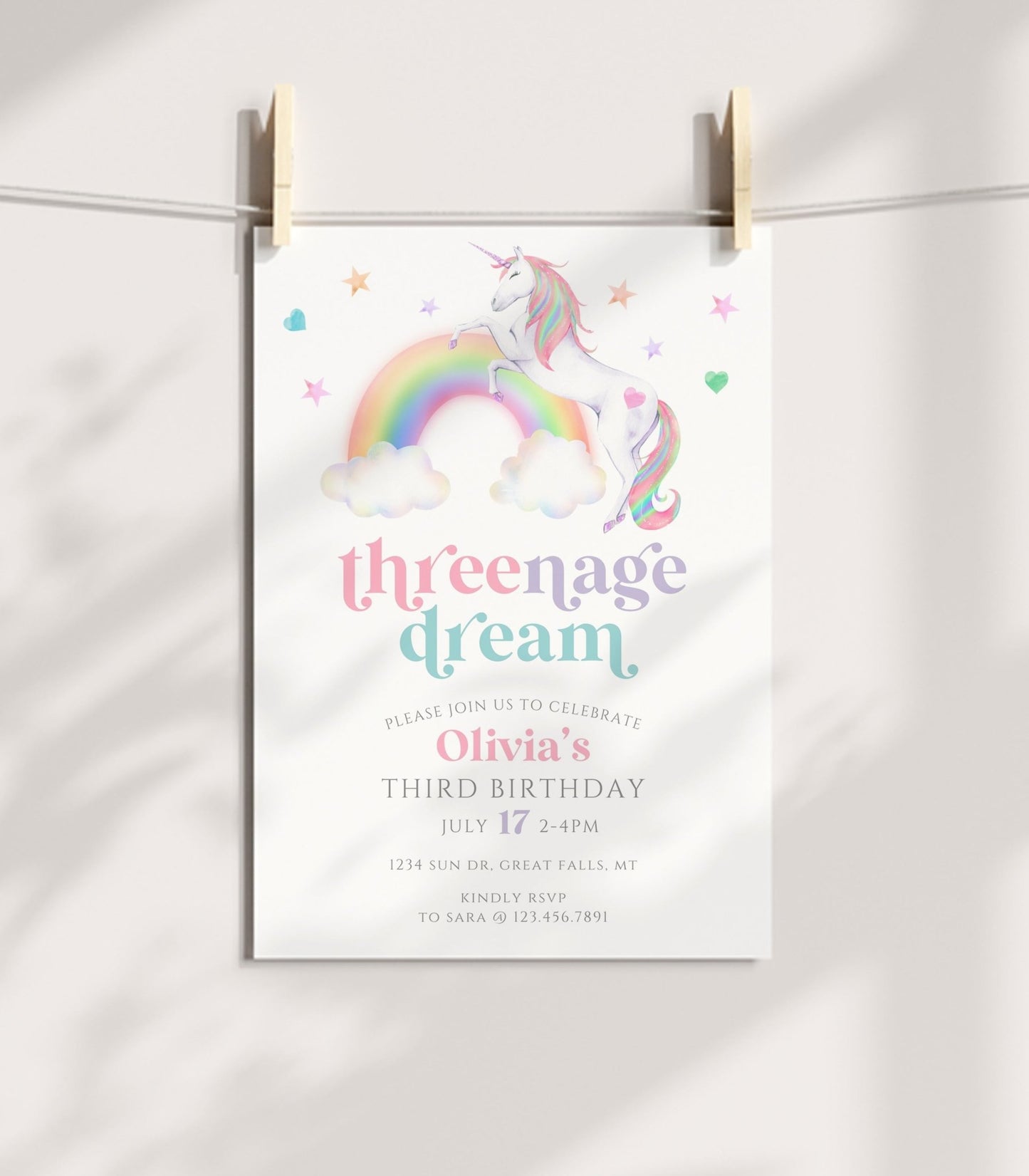Threenage Dream Unicorn Birthday Invitation Template - High Peaks Studios