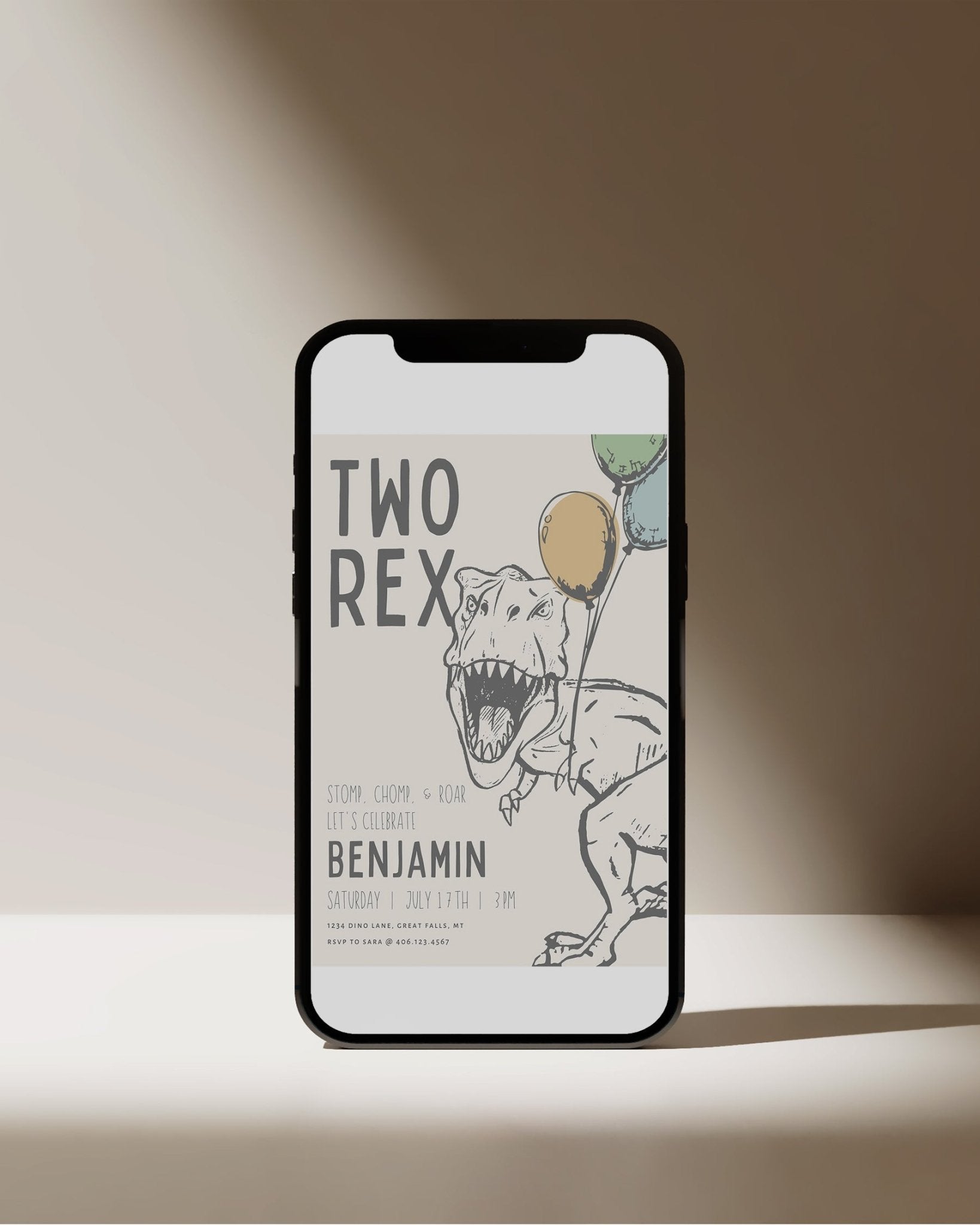 TWO Rex Dinosaur Birthday Party Invitation - High Peaks Studios