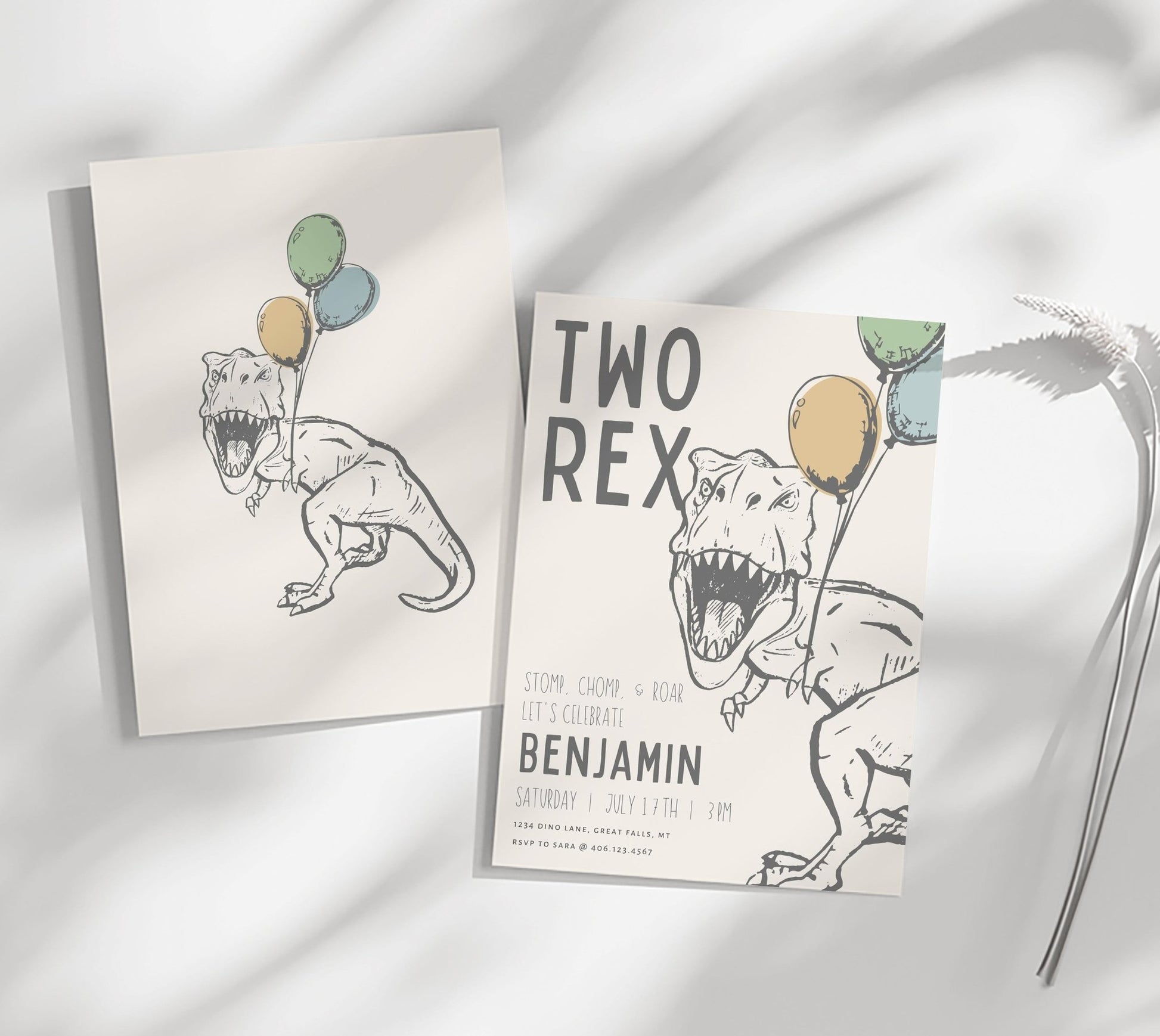 TWO Rex Dinosaur Birthday Party Invitation - High Peaks Studios