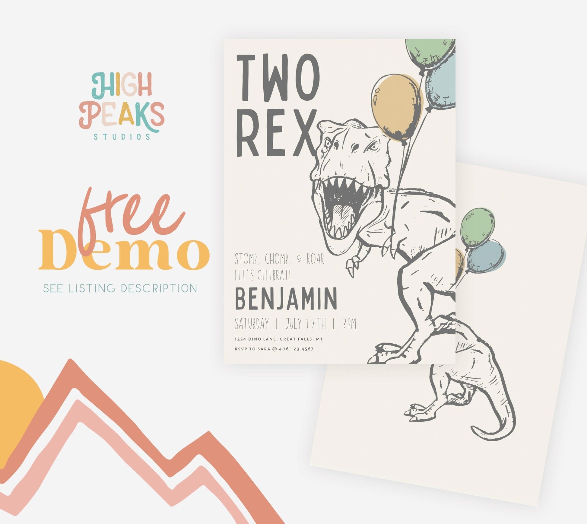 TWO Rex Dinosaur Birthday Party Invitation - High Peaks Studios