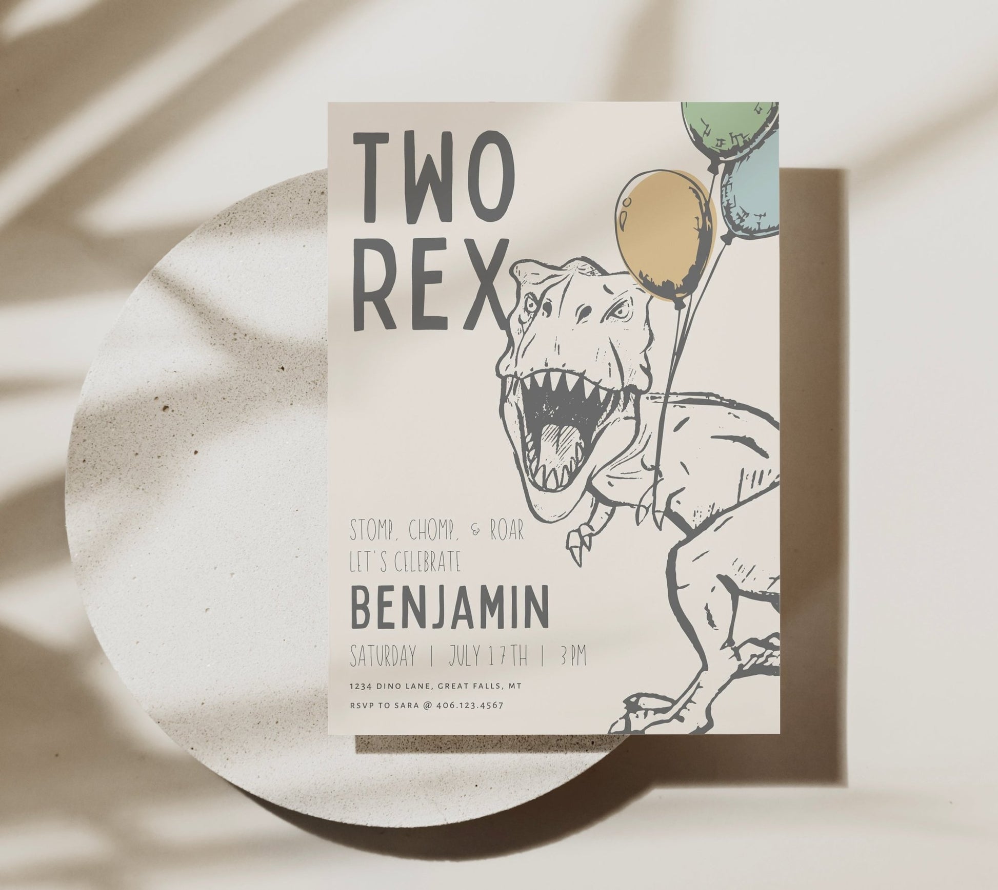TWO Rex Dinosaur Birthday Party Invitation - High Peaks Studios