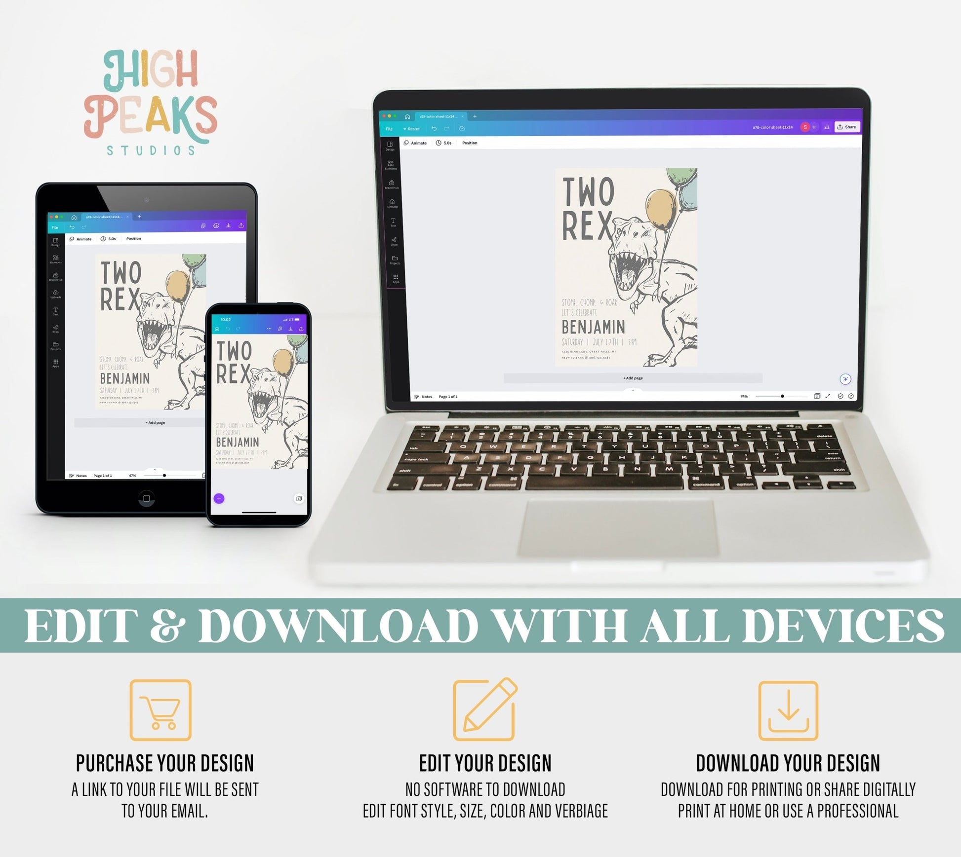 TWO Rex Dinosaur Birthday Party Invitation - High Peaks Studios