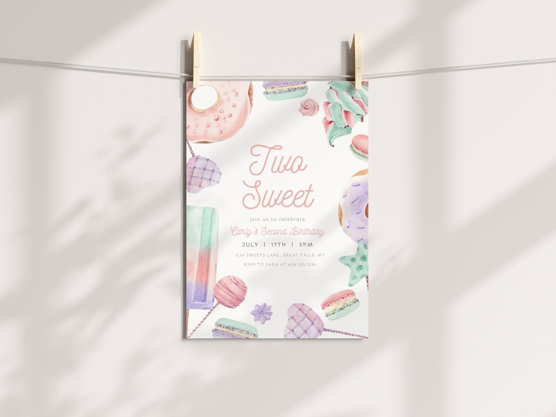 Two Sweet Birthday Party Invitation Printable - Pastels - High Peaks Studios