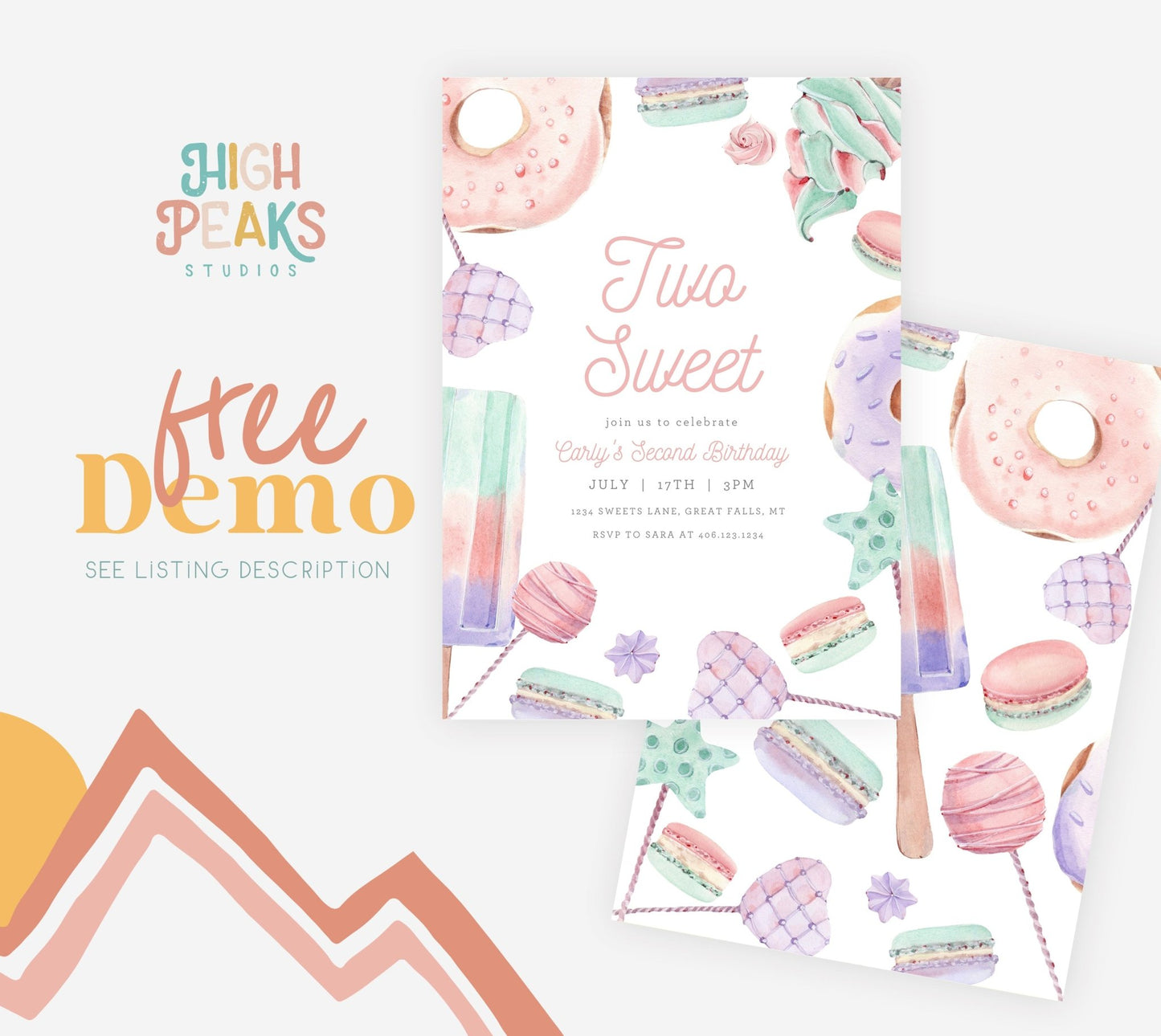 Two Sweet Birthday Party Invitation Printable - Pastels - High Peaks Studios