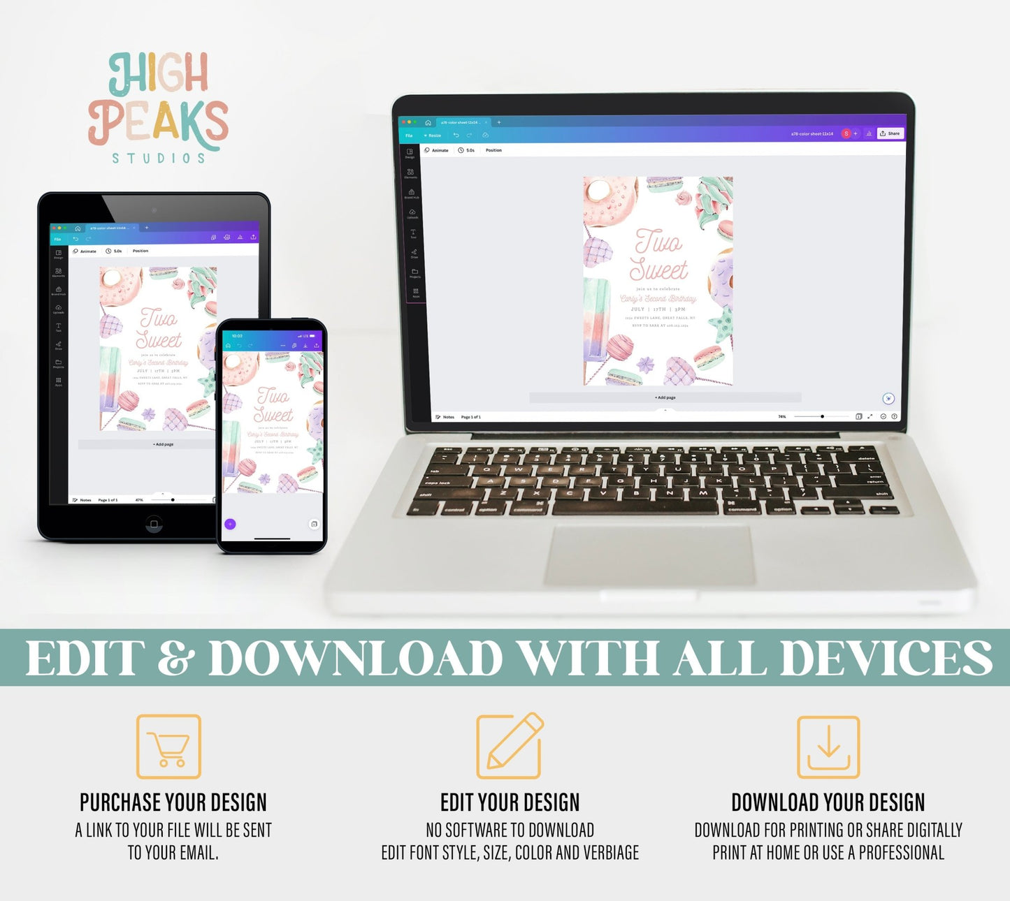 Two Sweet Birthday Party Invitation Printable - Pastels - High Peaks Studios