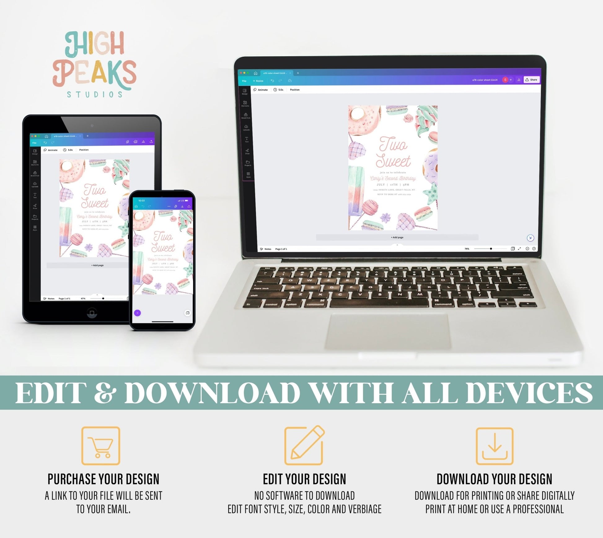 Two Sweet Birthday Party Invitation Printable - Pastels - High Peaks Studios