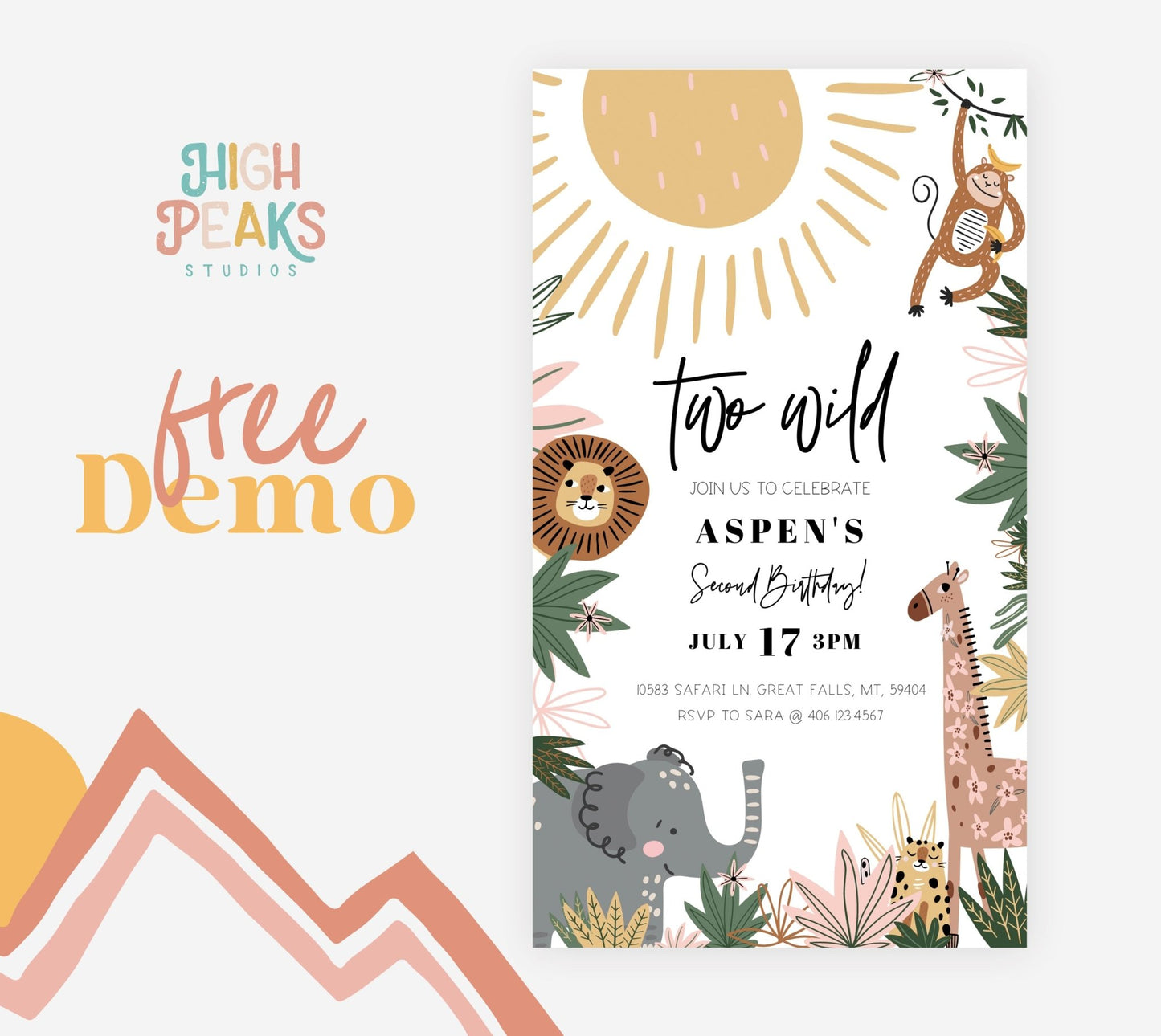 Two Wild Boho Safari Birthday EVITE - High Peaks Studios