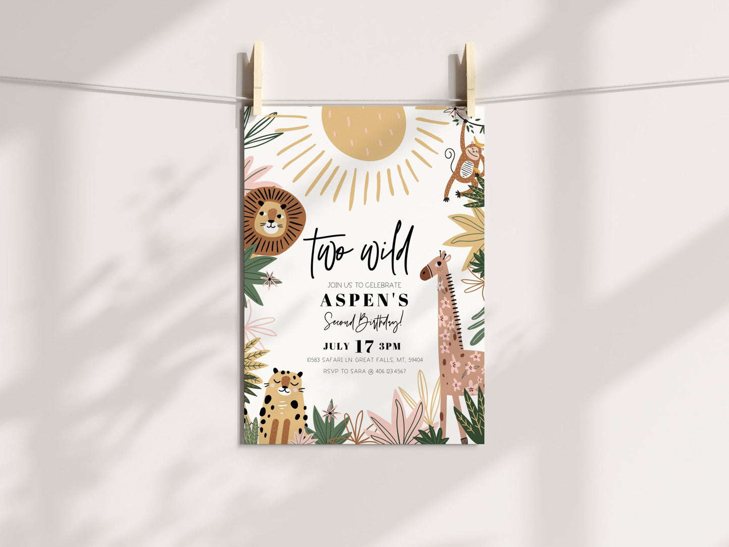 Two Wild Second Birthday Invitation Girl - Boho Safari Theme - High Peaks Studios