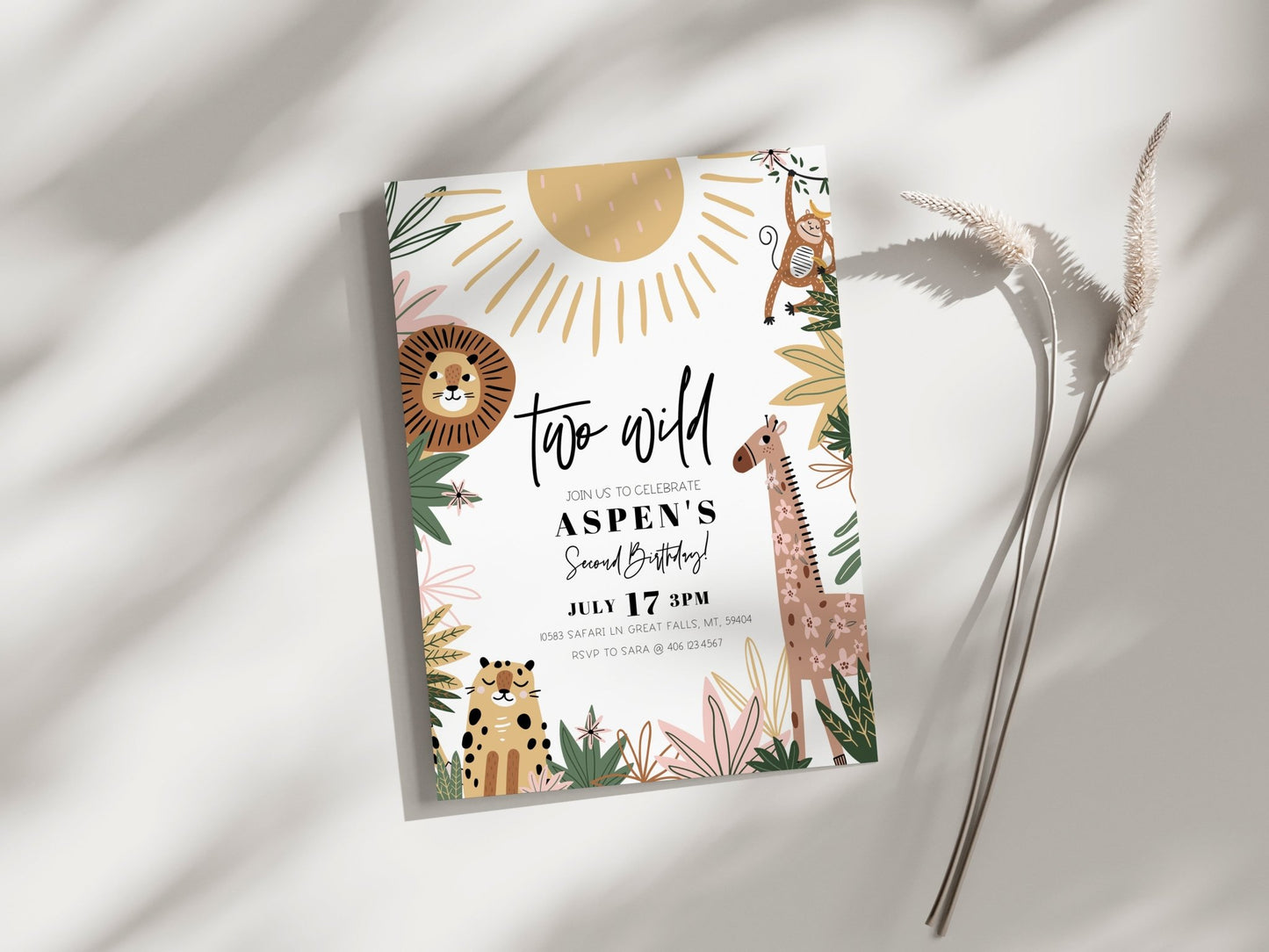 Two Wild Second Birthday Invitation Girl - Boho Safari Theme - High Peaks Studios