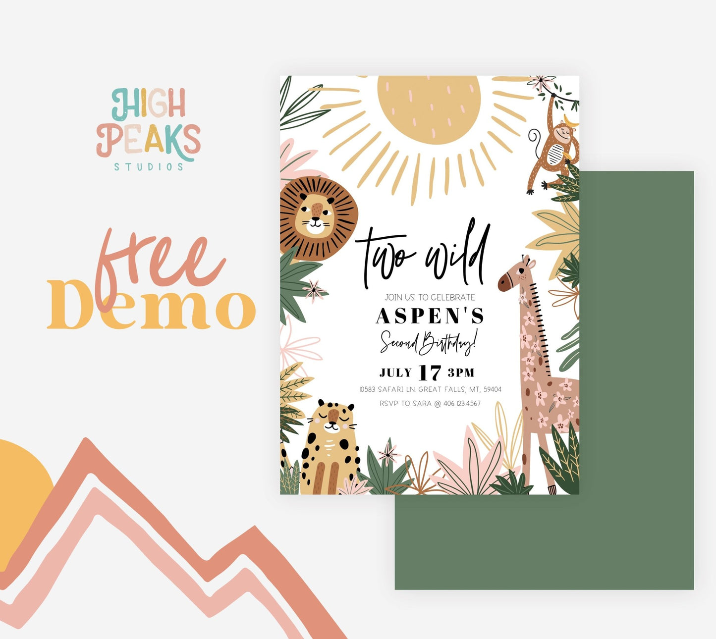 Two Wild Second Birthday Invitation Girl - Boho Safari Theme - High Peaks Studios