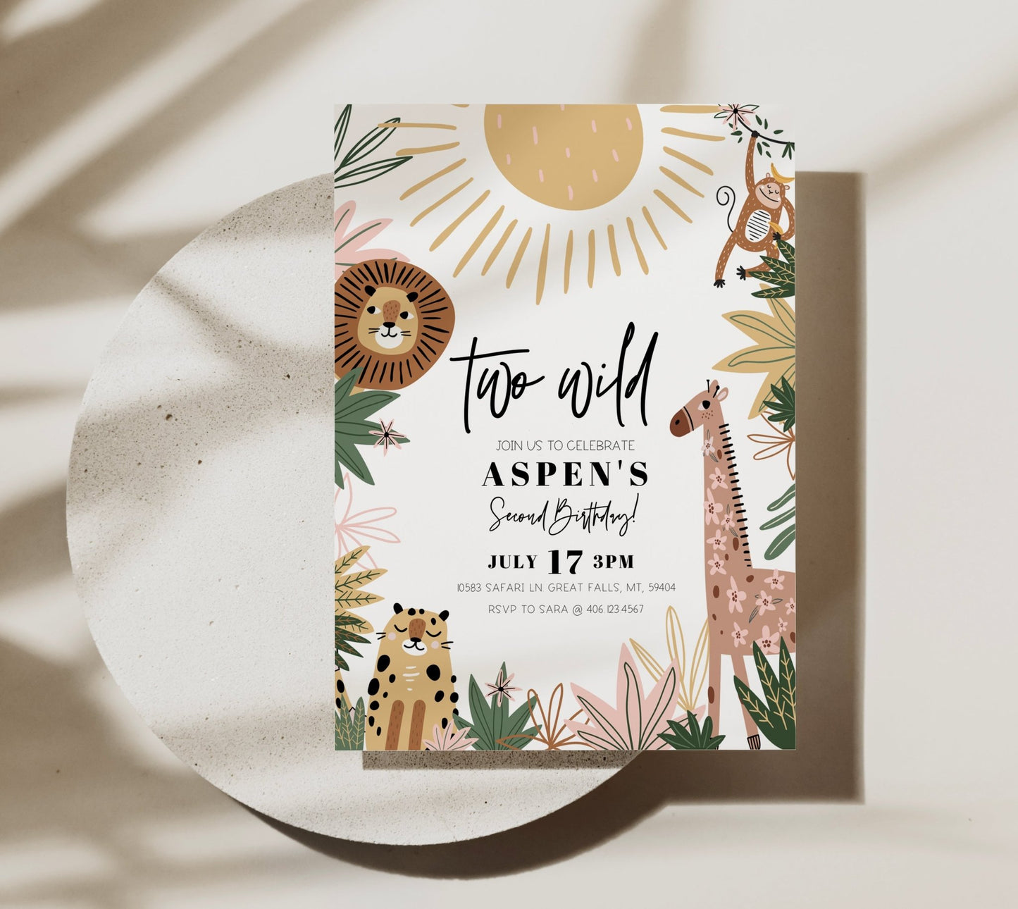 Two Wild Second Birthday Invitation Girl - Boho Safari Theme - High Peaks Studios