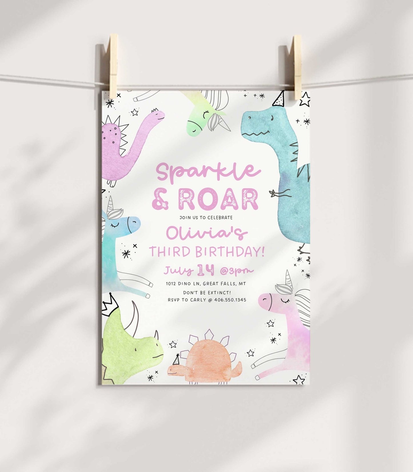 Unicorn and Dinosaur Birthday Invitation Girl - High Peaks Studios