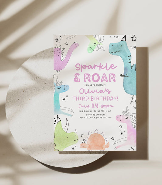 Unicorn and Dinosaur Birthday Invitation Girl - High Peaks Studios