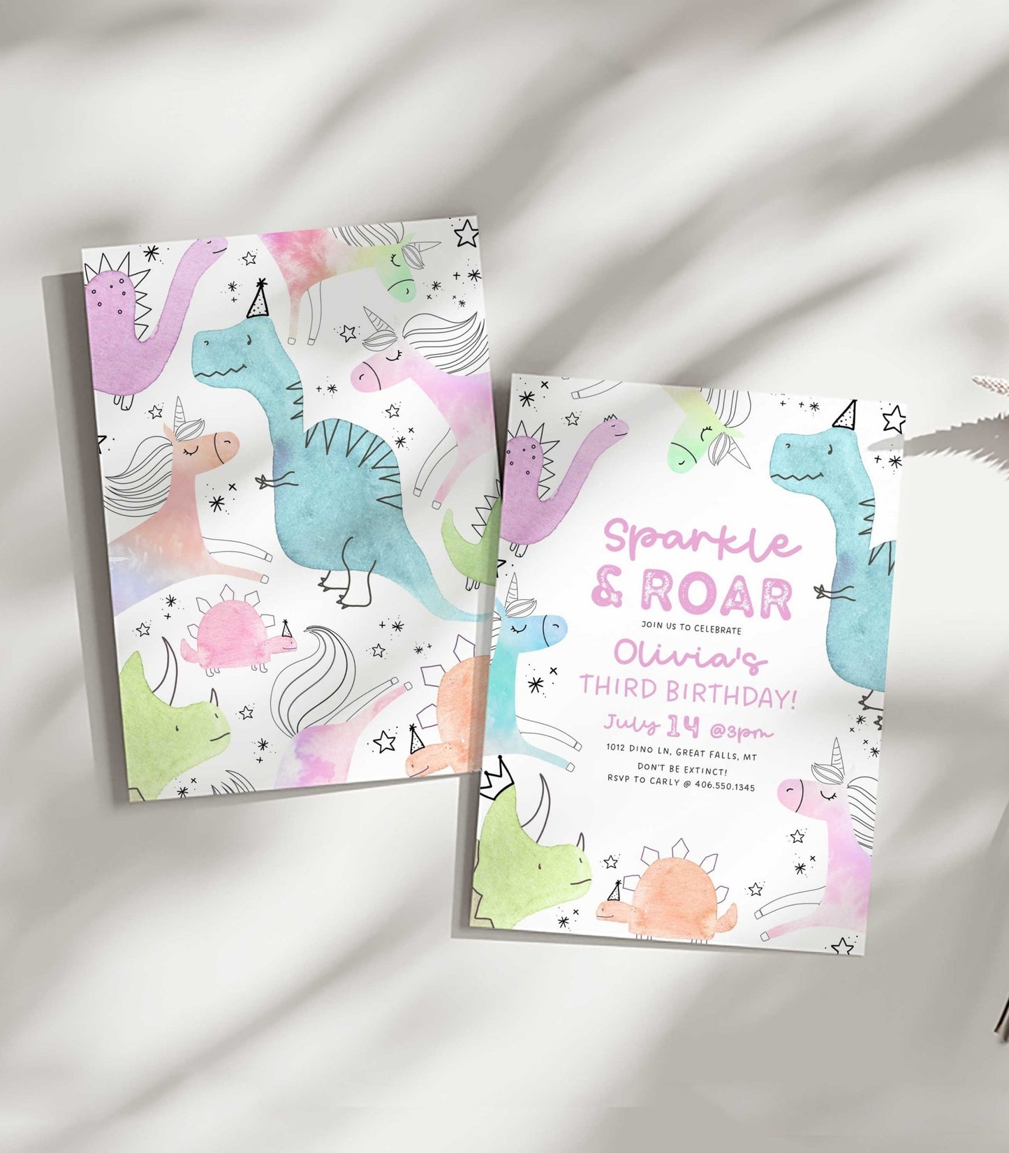 Unicorn and Dinosaur Birthday Invitation Girl - High Peaks Studios