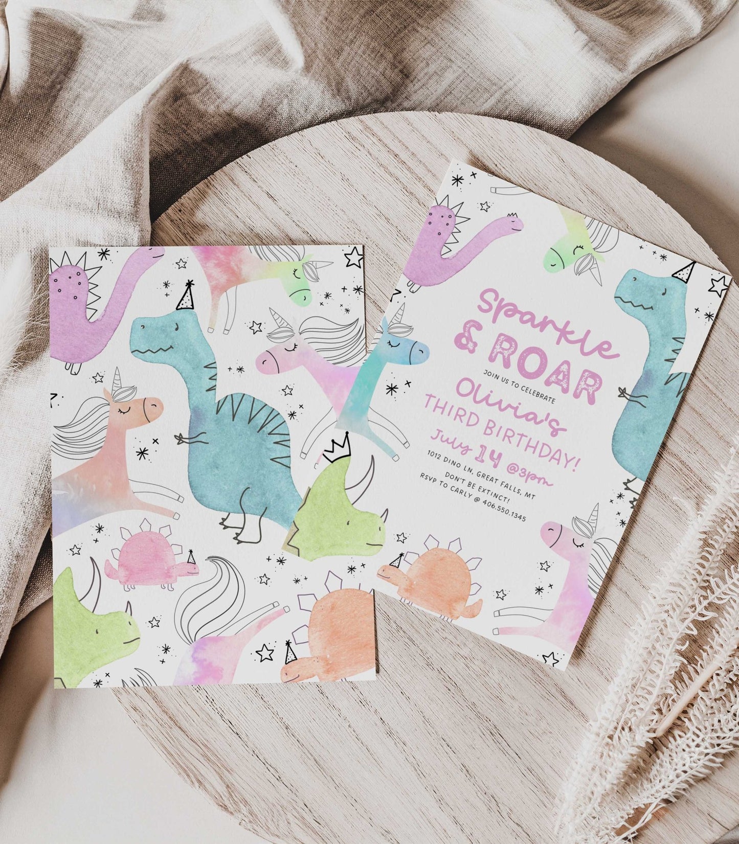 Unicorn and Dinosaur Birthday Invitation Girl - High Peaks Studios