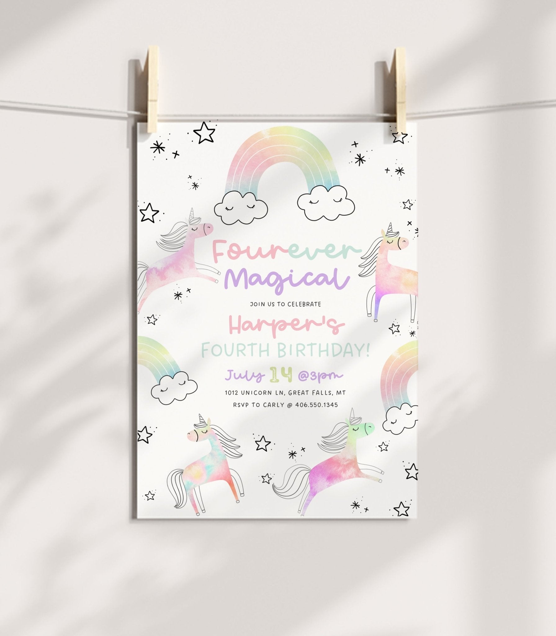 Unicorn and Rainbow Fourth Birthday Invitation Printable - High Peaks Studios