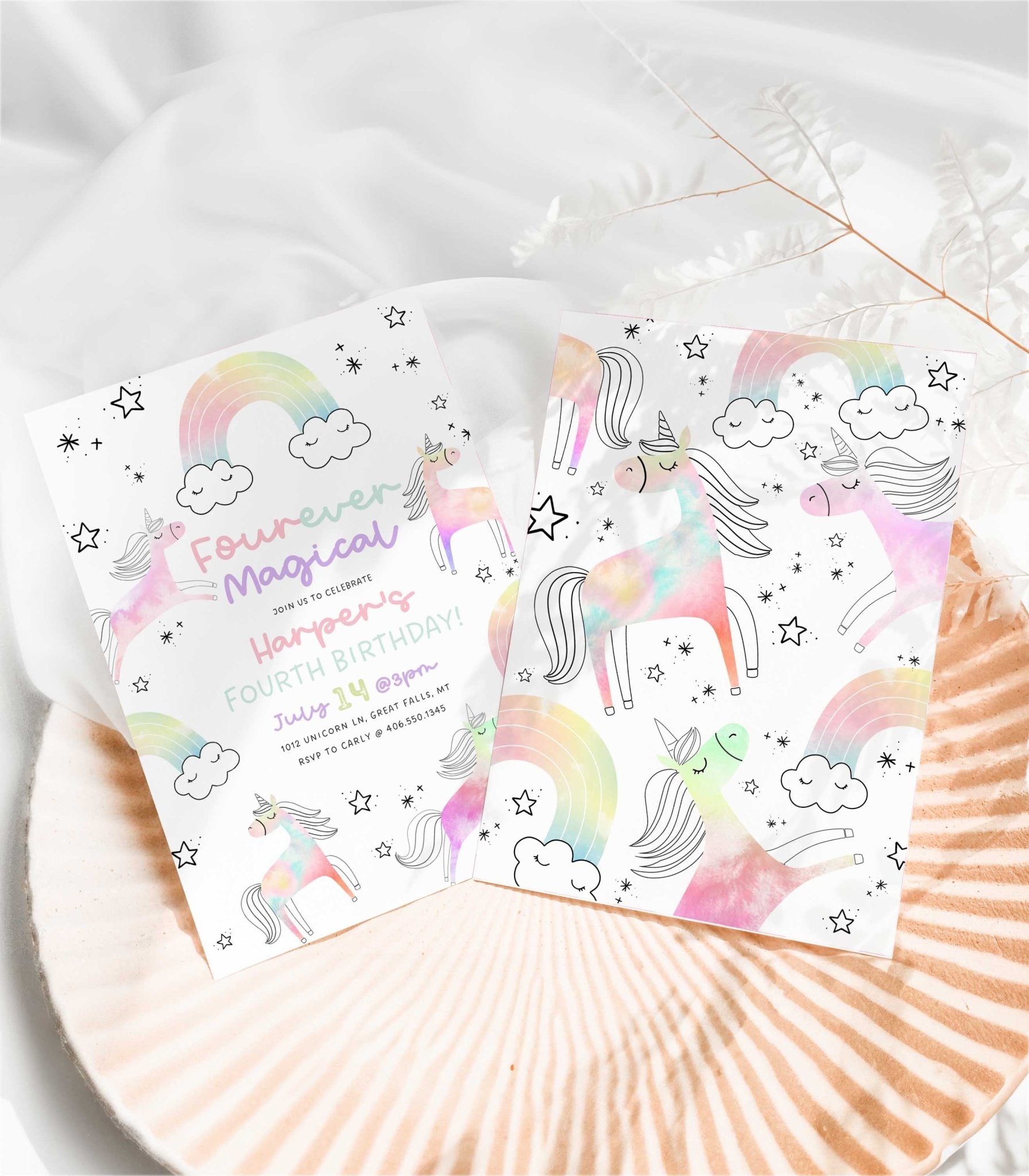 Unicorn and Rainbow Fourth Birthday Invitation Printable - High Peaks Studios