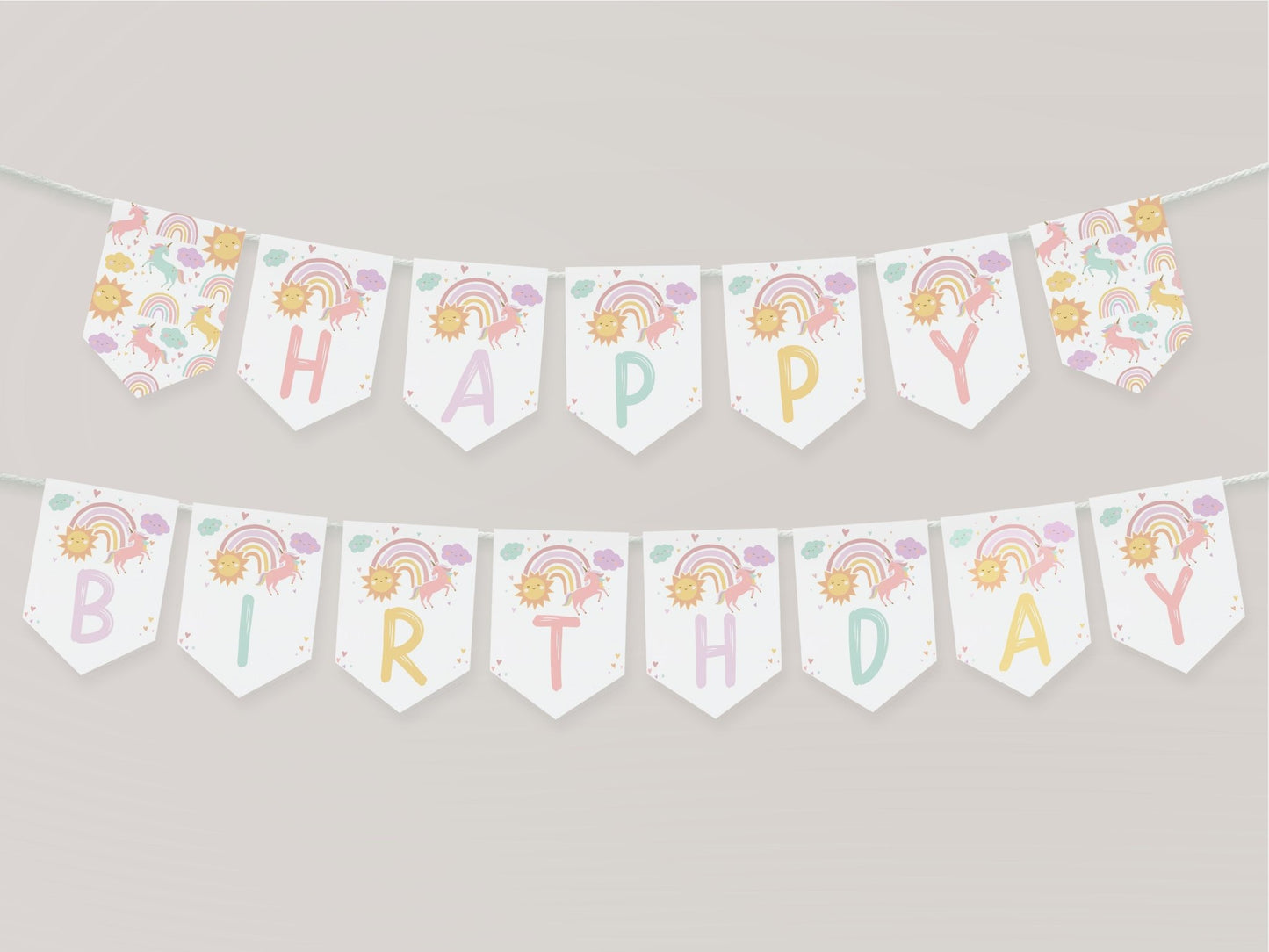 Unicorn and Sunshine Happy Birthday Pennant Banner Printable - pastel palette - High Peaks Studios
