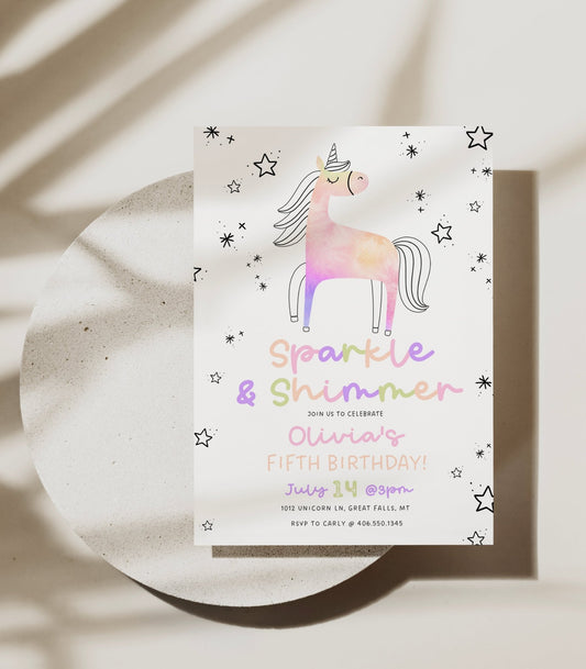 Unicorn Fifth Birthday Invitation Template - High Peaks Studios