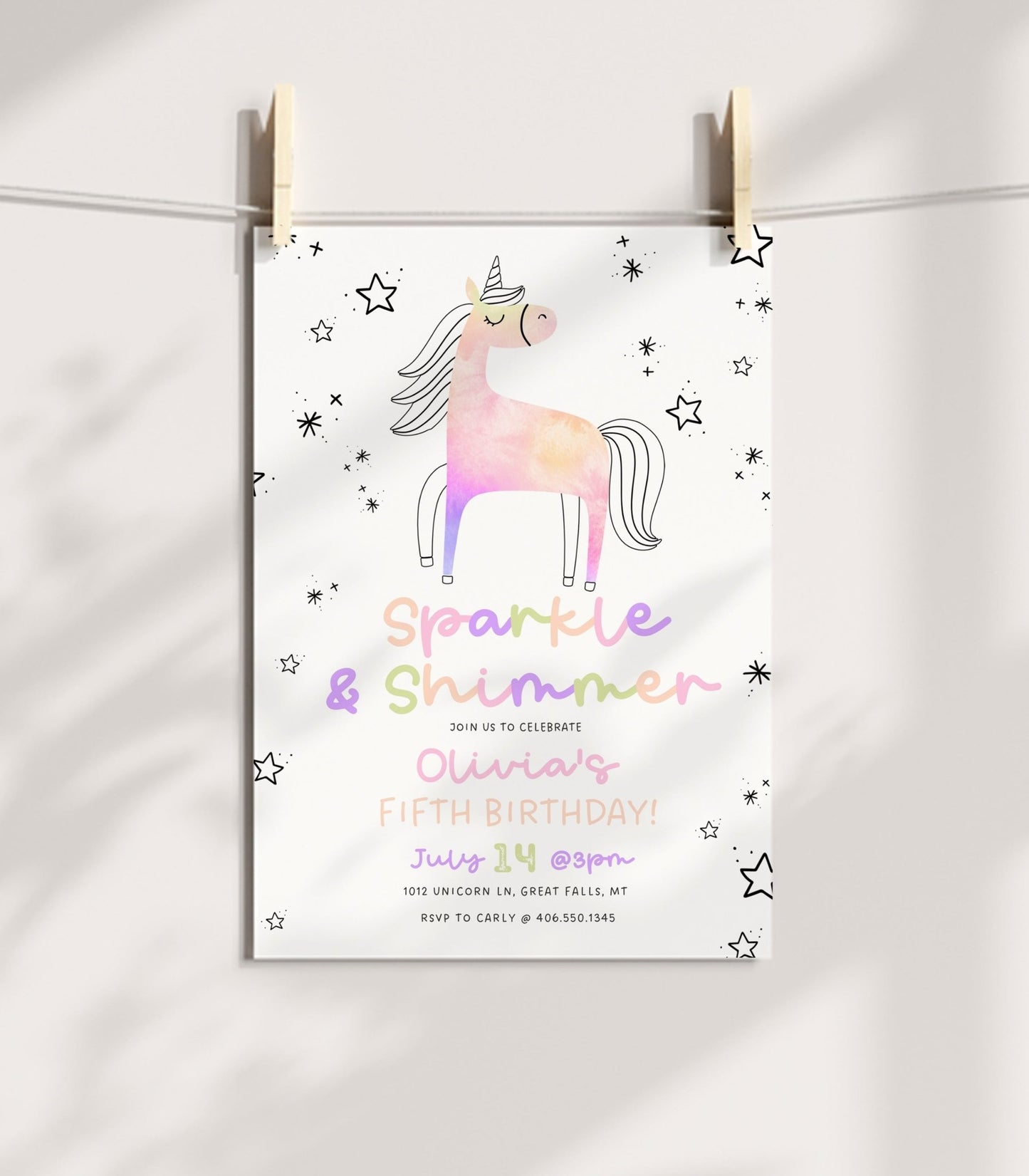 Unicorn Fifth Birthday Invitation Template - High Peaks Studios