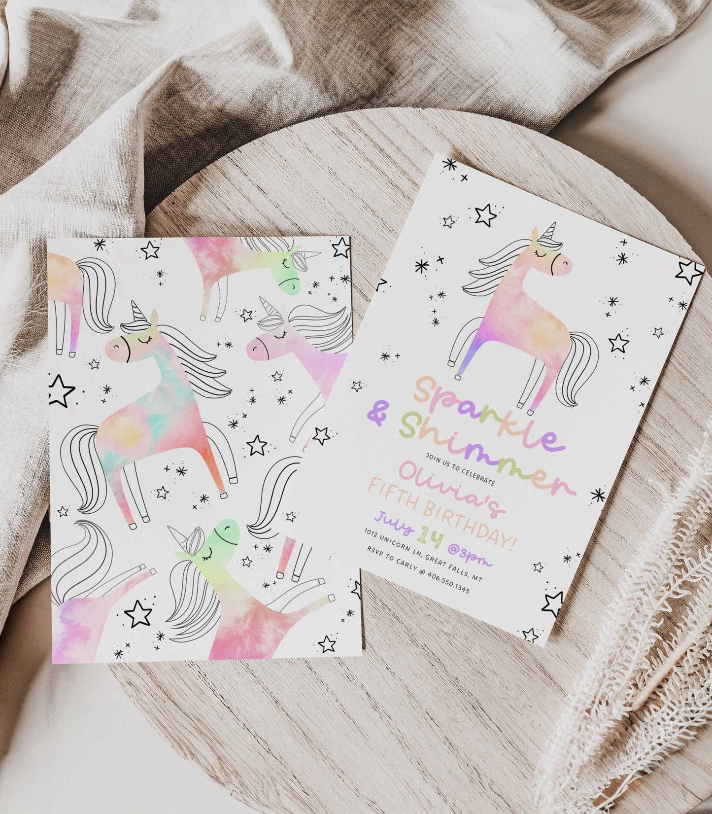 Unicorn Fifth Birthday Invitation Template - High Peaks Studios