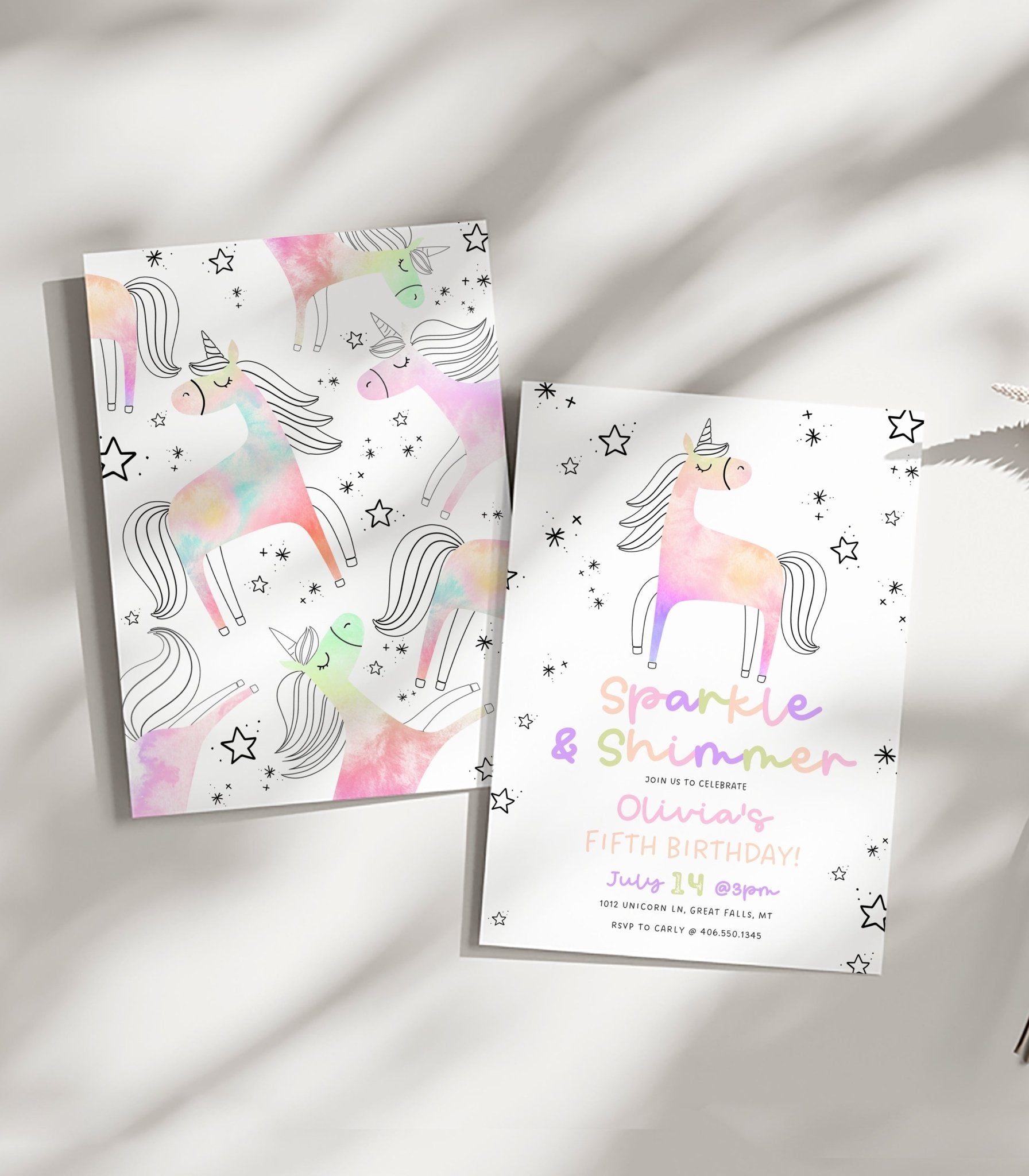 Unicorn Fifth Birthday Invitation Template - High Peaks Studios