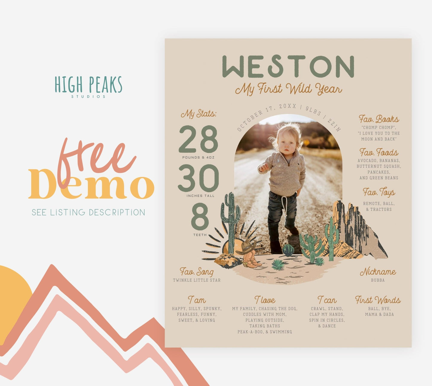 Western First Birthday Milestone Poster With Photo - High Peaks Studios