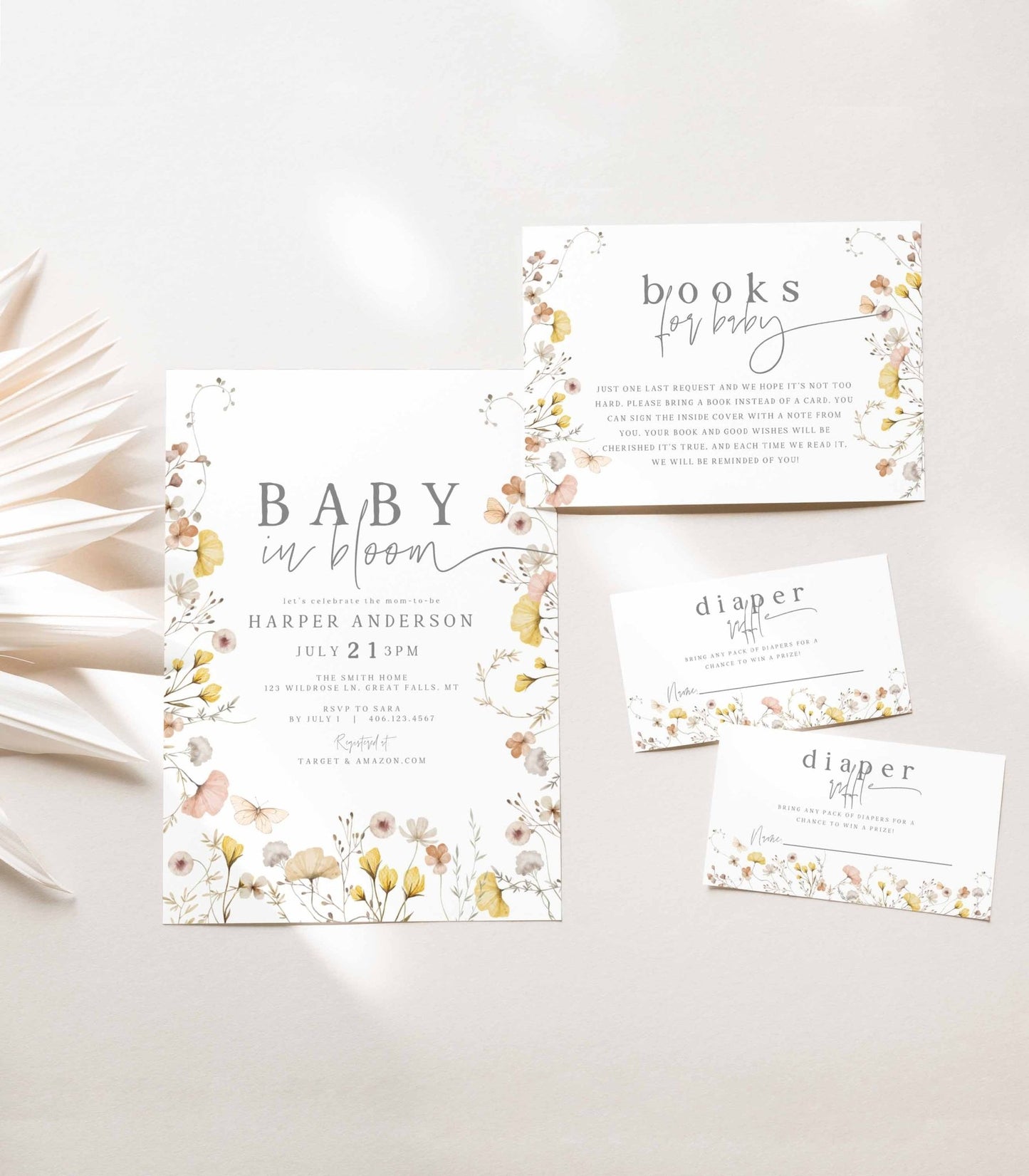 Wildflower Baby Shower Invitation and Insert Cards Bundle - High Peaks Studios