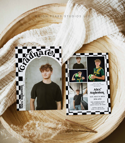 Retro Checkered Photo Graduation Party Invitation Card Template