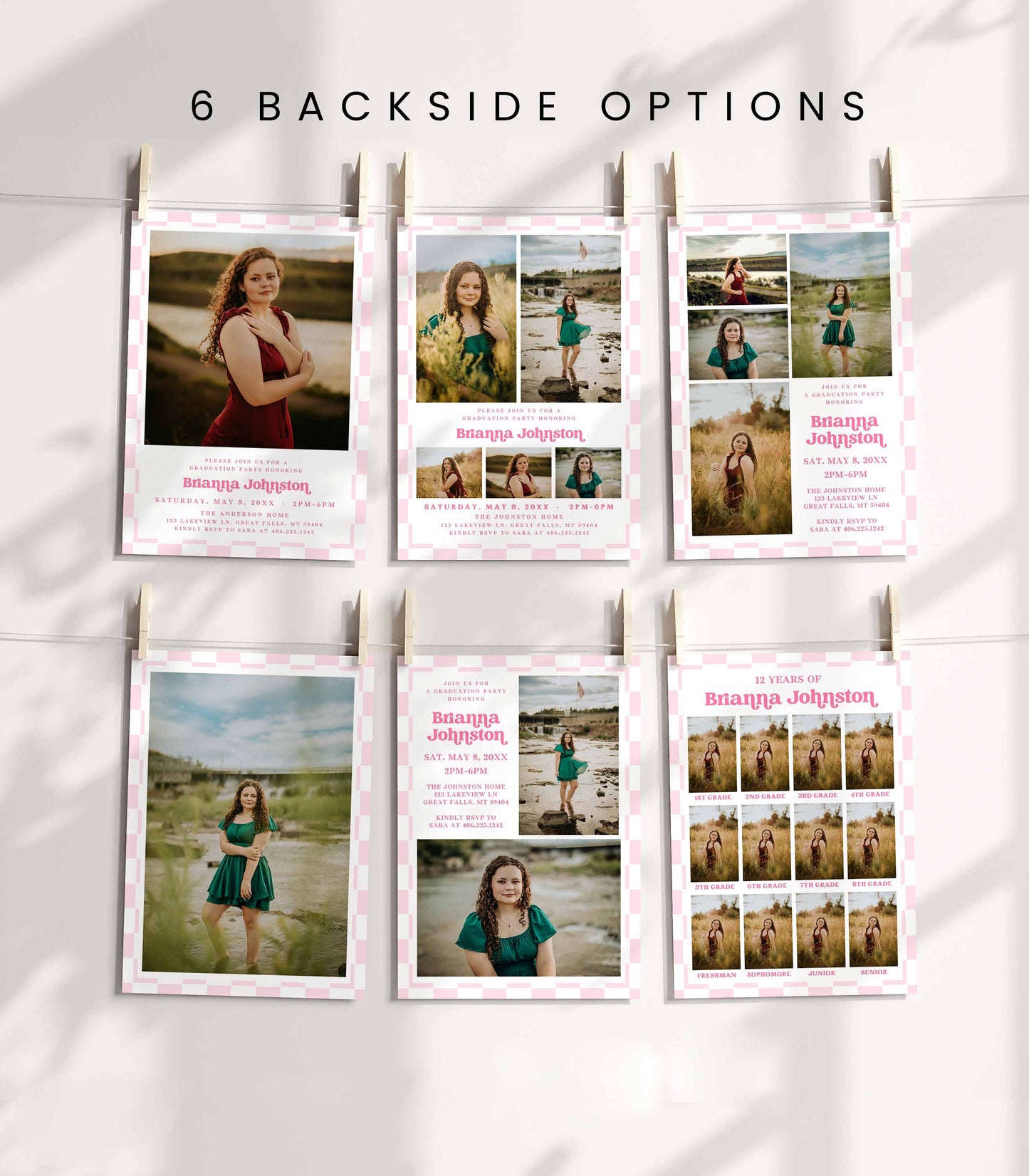 Hot Pink Retro Checkered Photo Graduation Party Invitation Card Template - High Peaks Studios