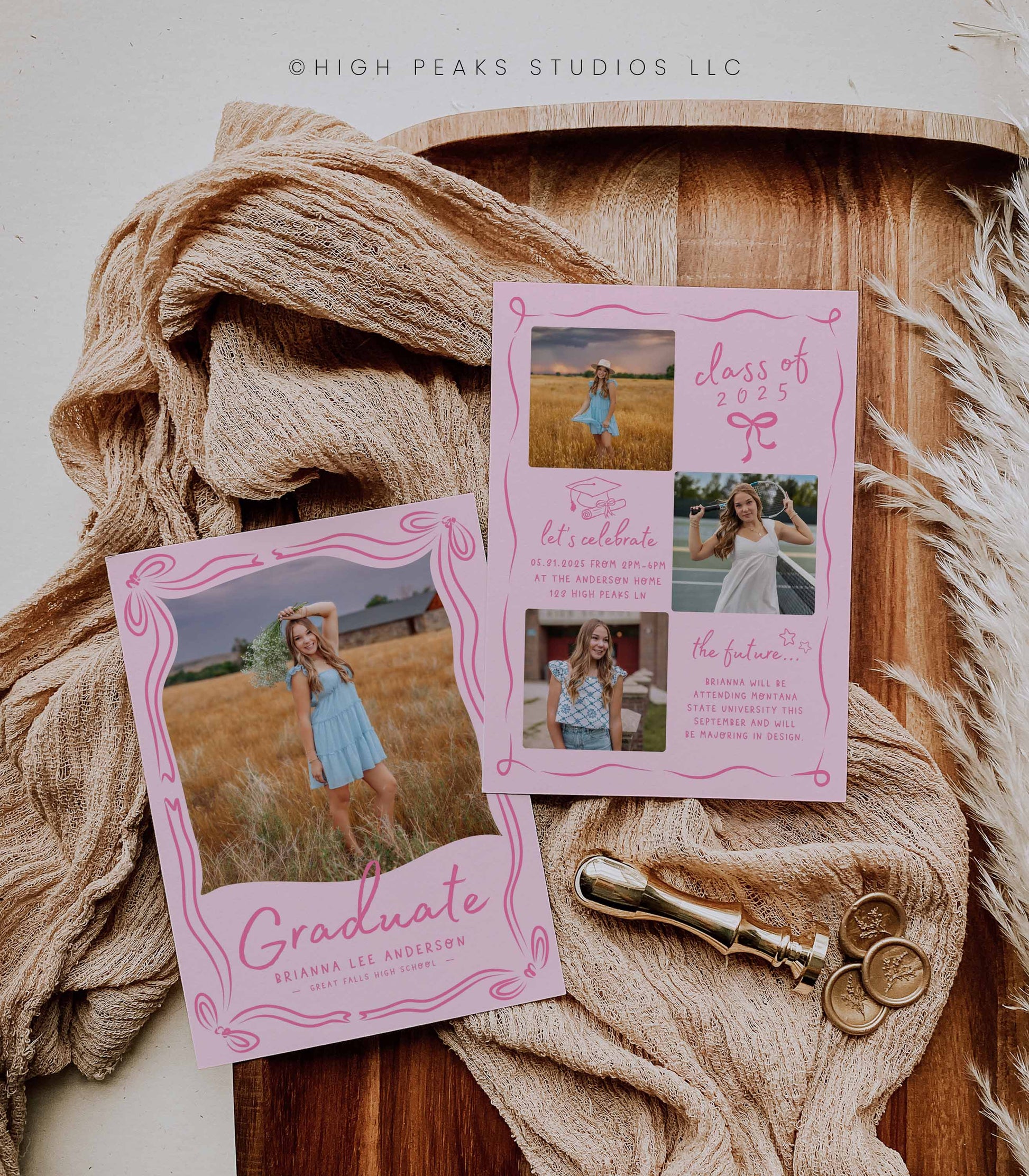 Whimsical Pink Bow Photo Graduation Party Invitation Card Template – High Peaks Studios LLC