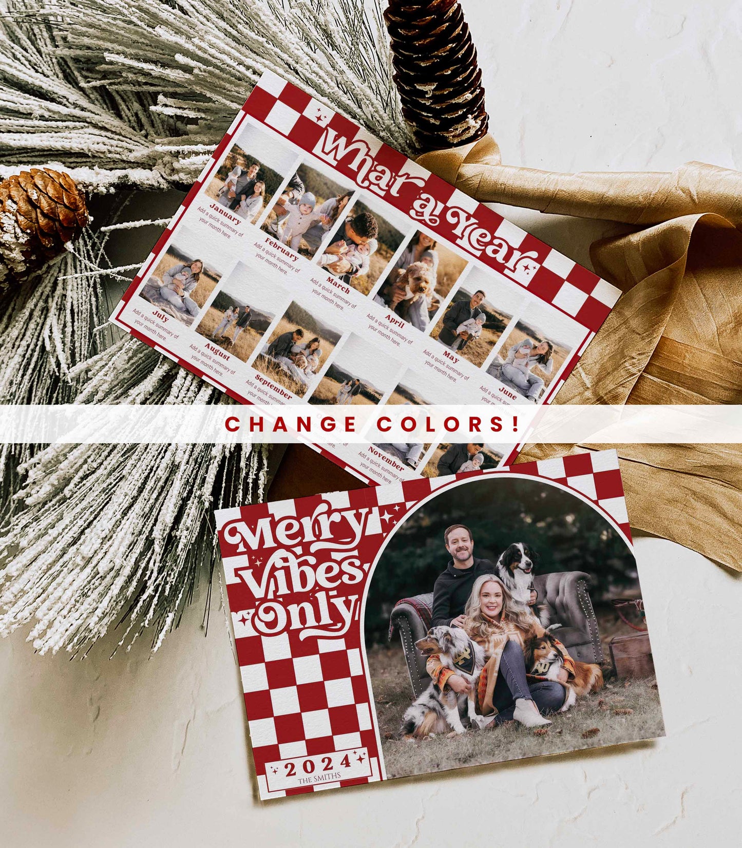 Retro Checkered Merry Vibes Only Photo Christmas Card Template - High Peaks Studios