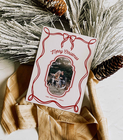 Whimsical Bow and Scallop Photo Frame Christmas Card - High Peaks Studios