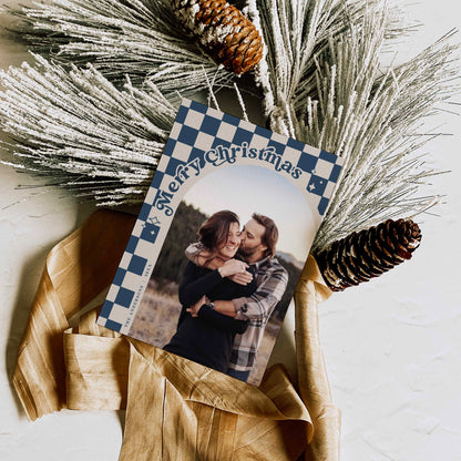 Retro Checkered Christmas card Front side with Arched Photo By High Peaks Studios LLC, Midnight blue color option