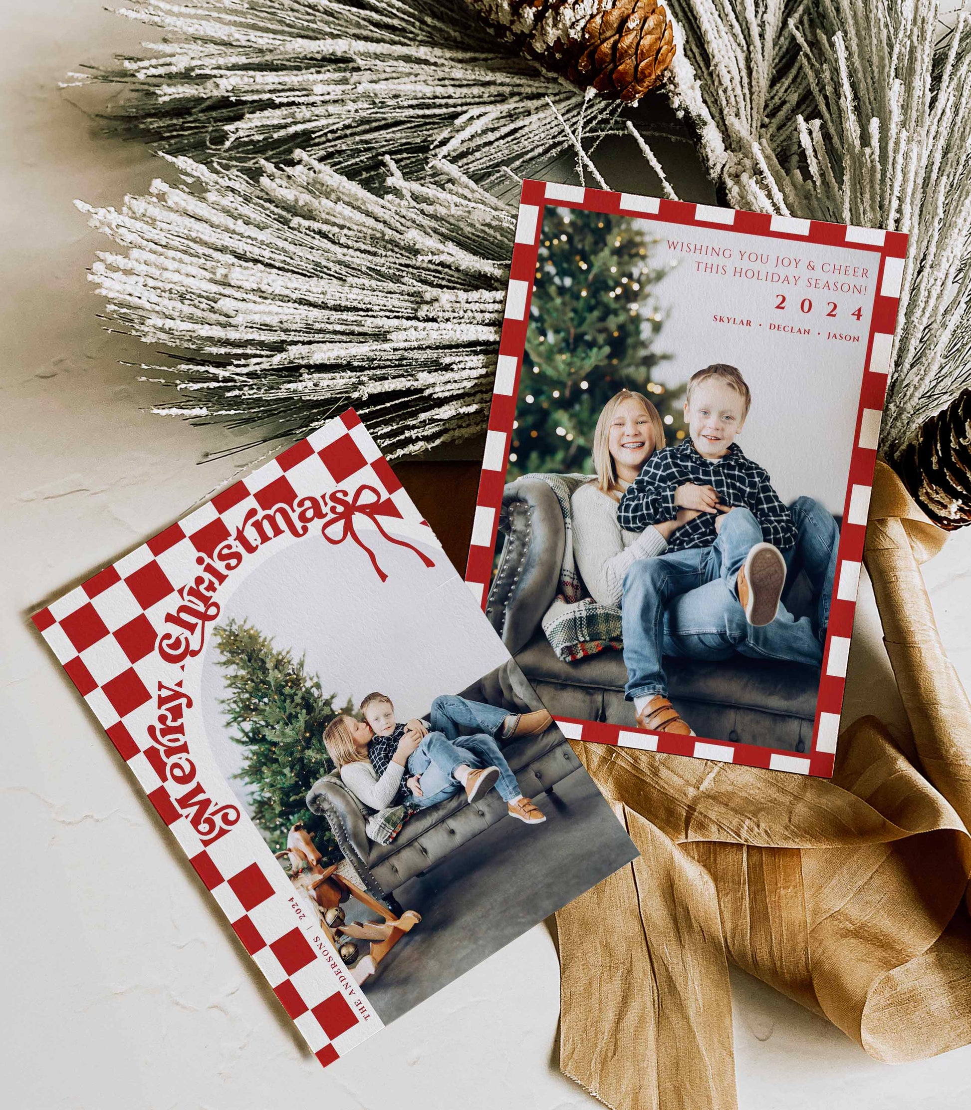 Retro Checkered Christmas card Front and Back with Arched Photo By High Peaks Studios LLC