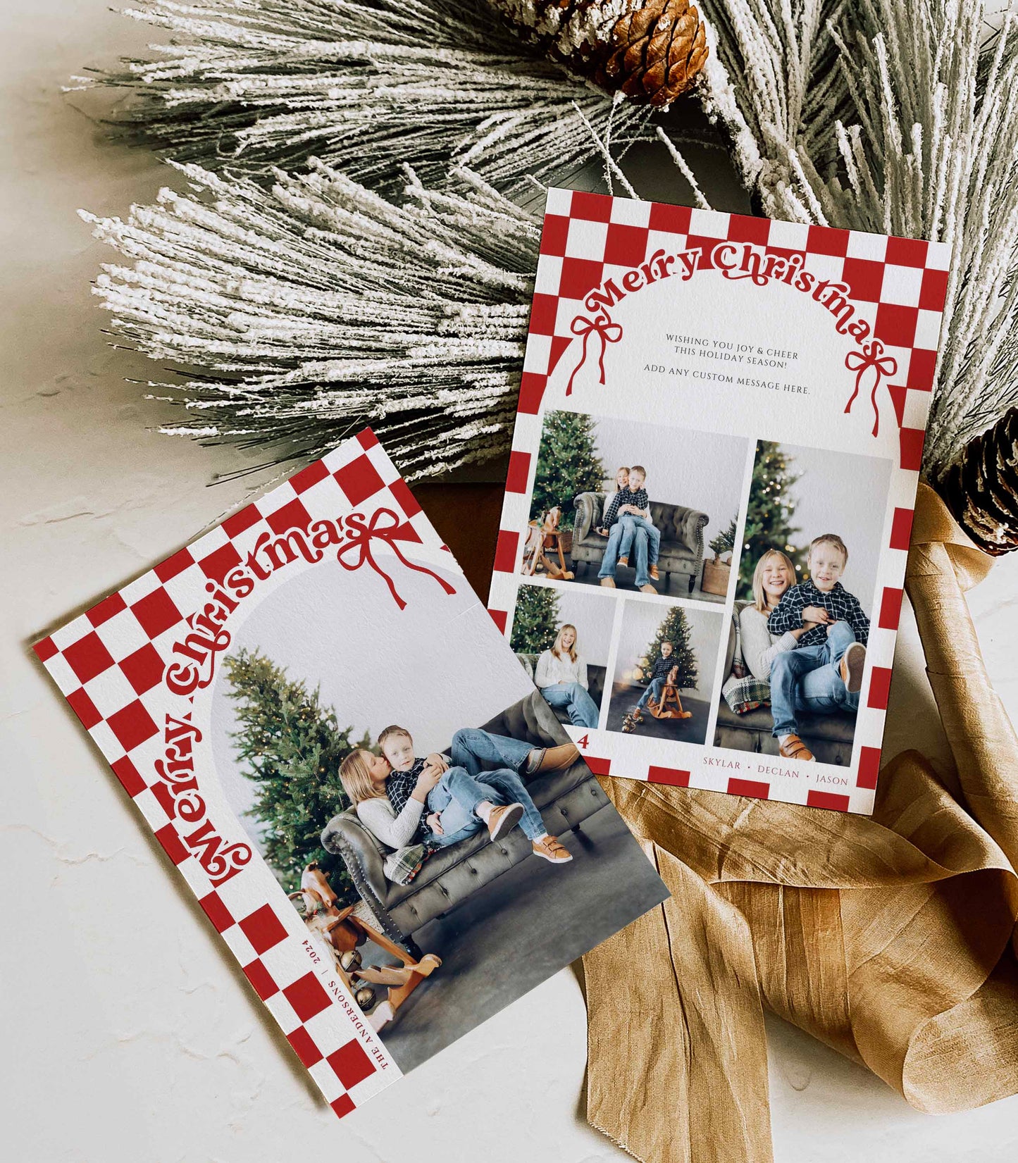 Retro Bow and Checkered Photo Christmas Card Template - High Peaks Studios