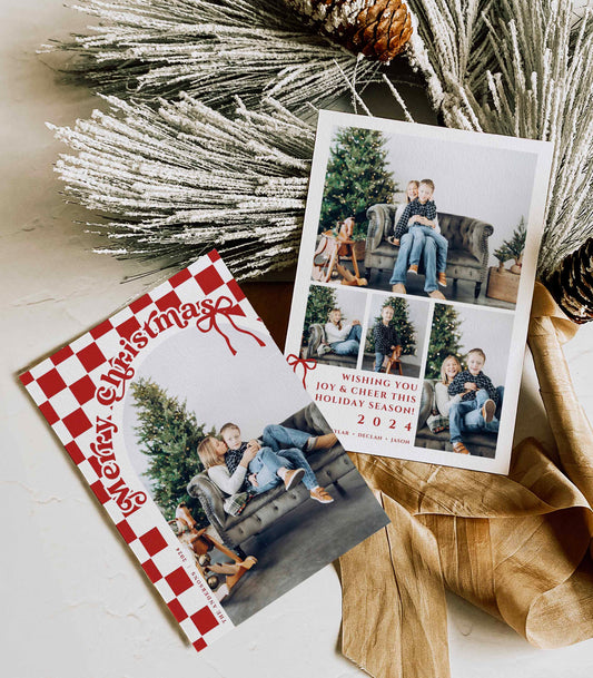 Retro Checkered Christmas card Front and Back with Arched Photo By High Peaks Studios LLC