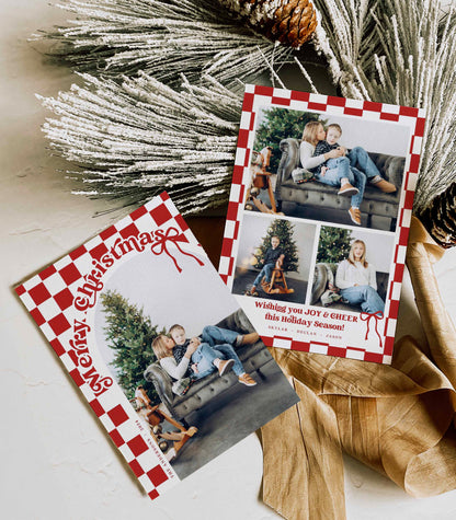 Retro Checkered Christmas card Front and Back with Arched Photo By High Peaks Studios LLC